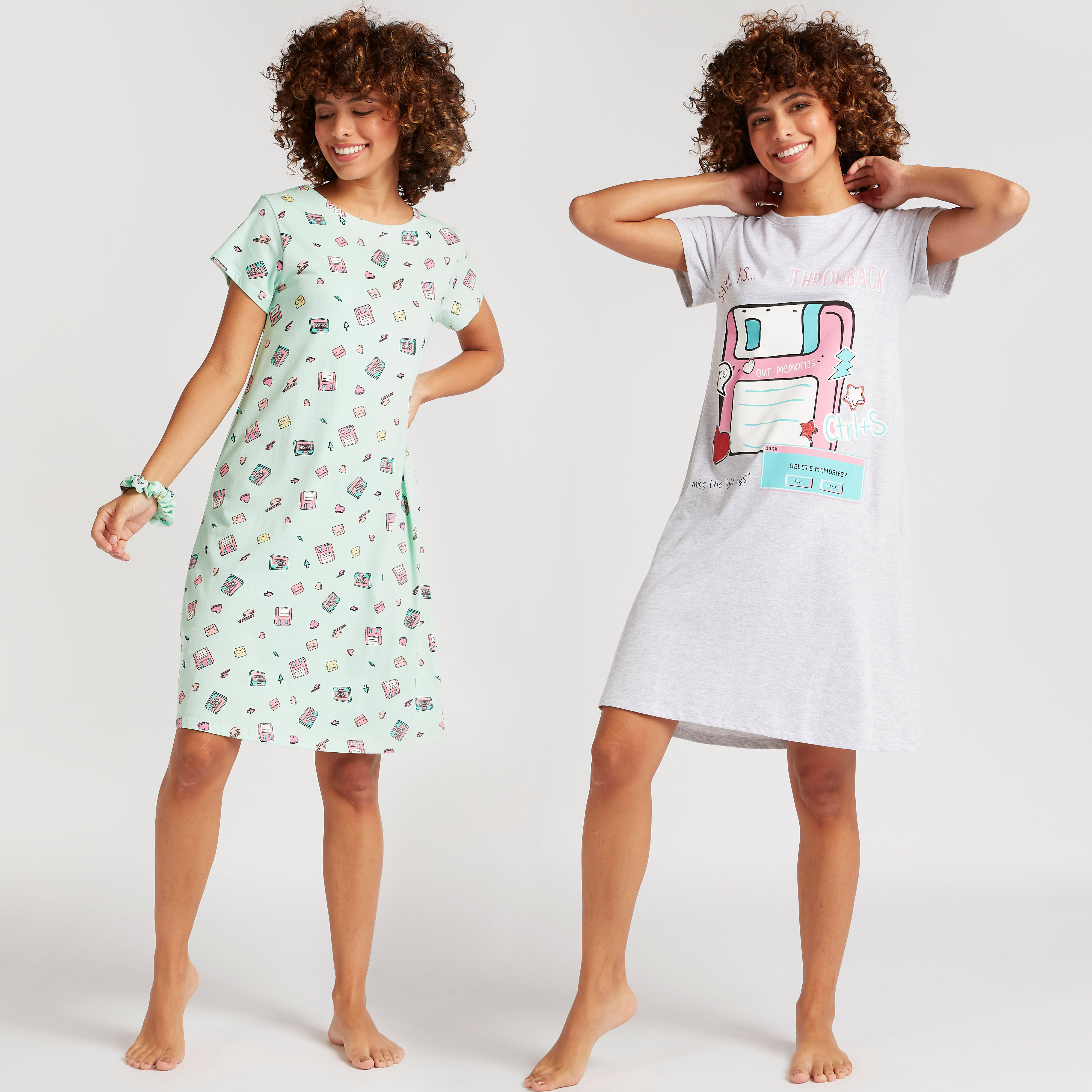 قميص نوم بطبعات وأكمام قصيرة وياقة مستديرة - طقم من قطعتين-women-clothing-nightwear-nighties-image-9