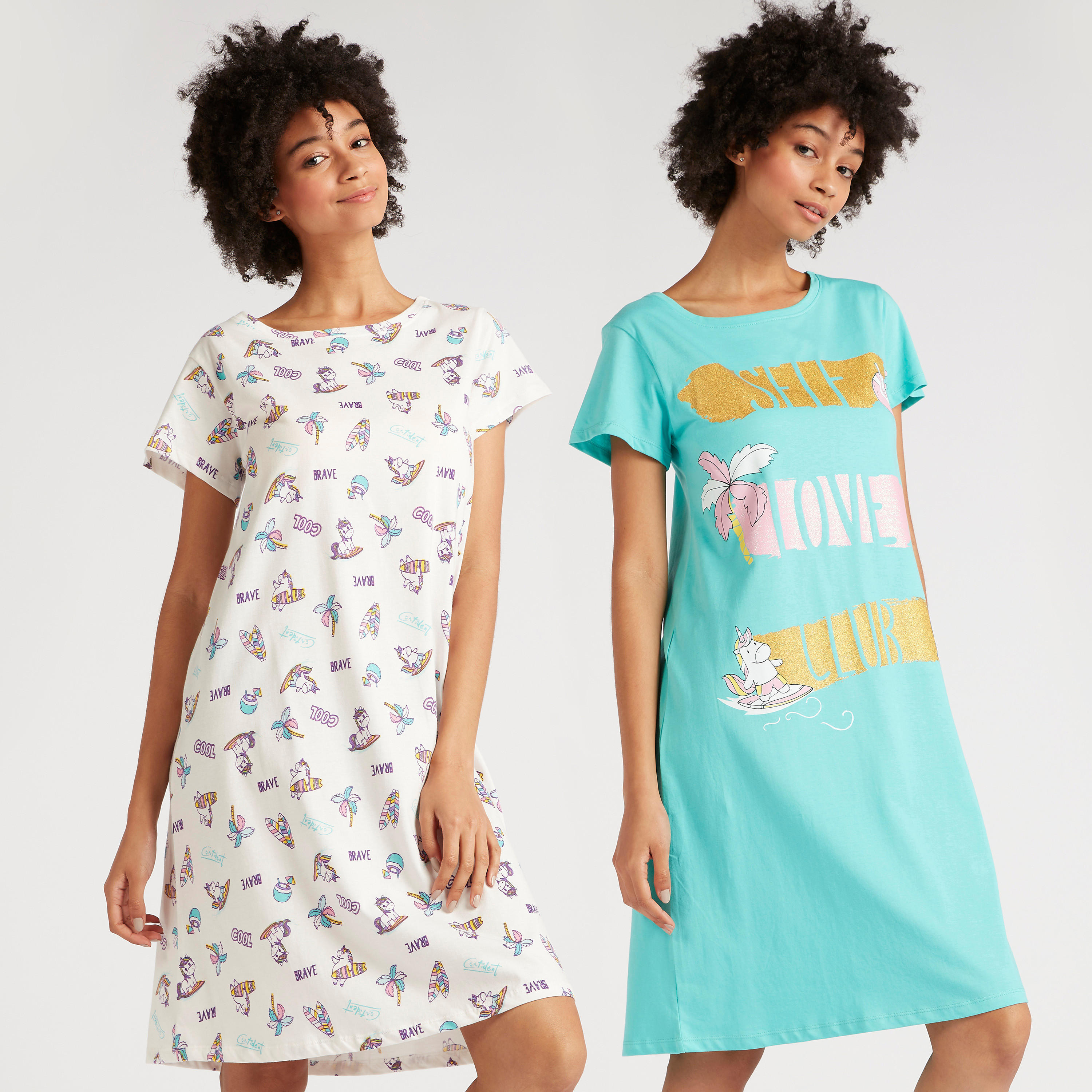 قميص نوم بأكمام قصيرة وطبعات - طقم من قطعتين-women-clothing-nightwear-nighties-image-1