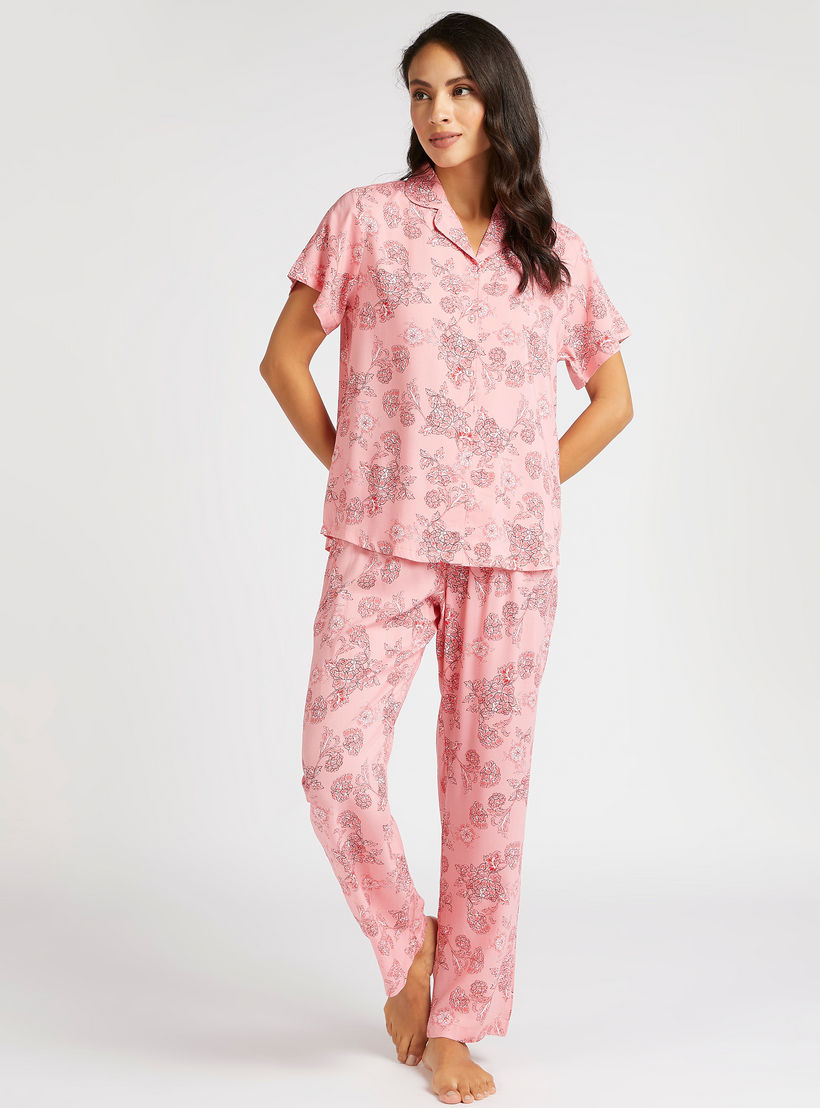 طقم من بنطلون بيجاما وقميص بطبعات أزهار وقناع عيون-women-clothing-nightwear-pyjamas-longsets-image-2