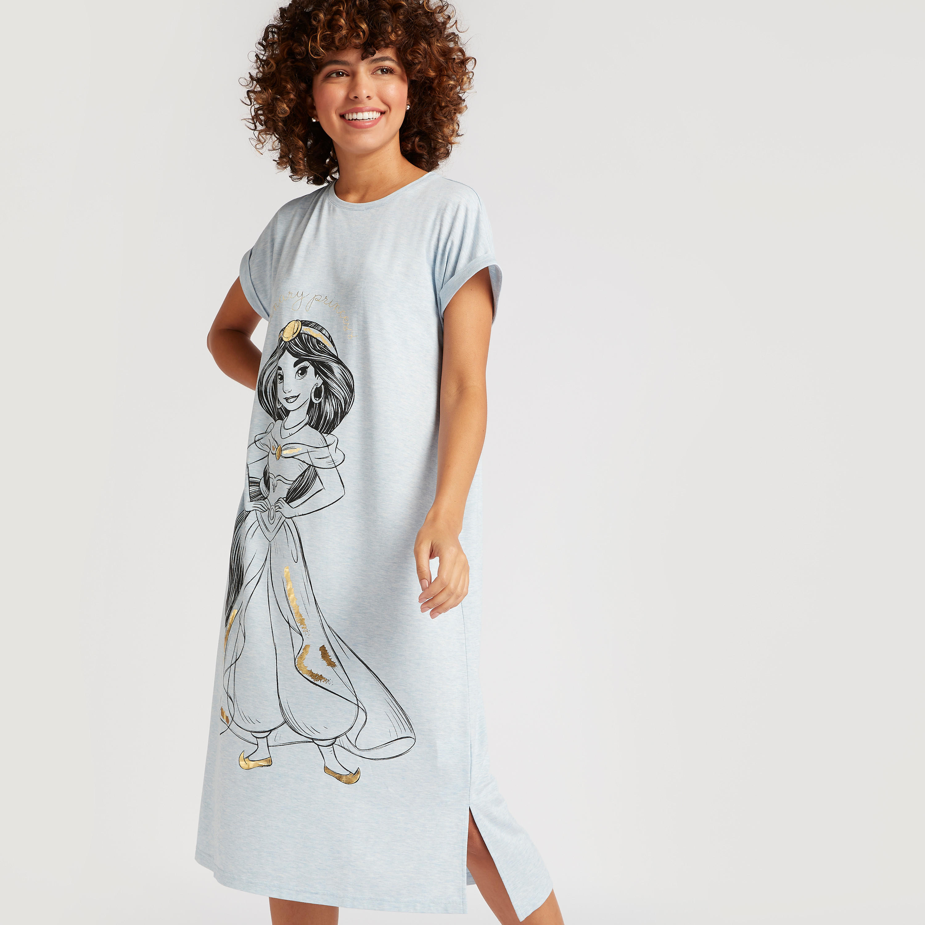 قميص نوم بياقة مستديرة وأكمام كاب وطبعات جاسمين-women-clothing-nightwear-nighties-image-1