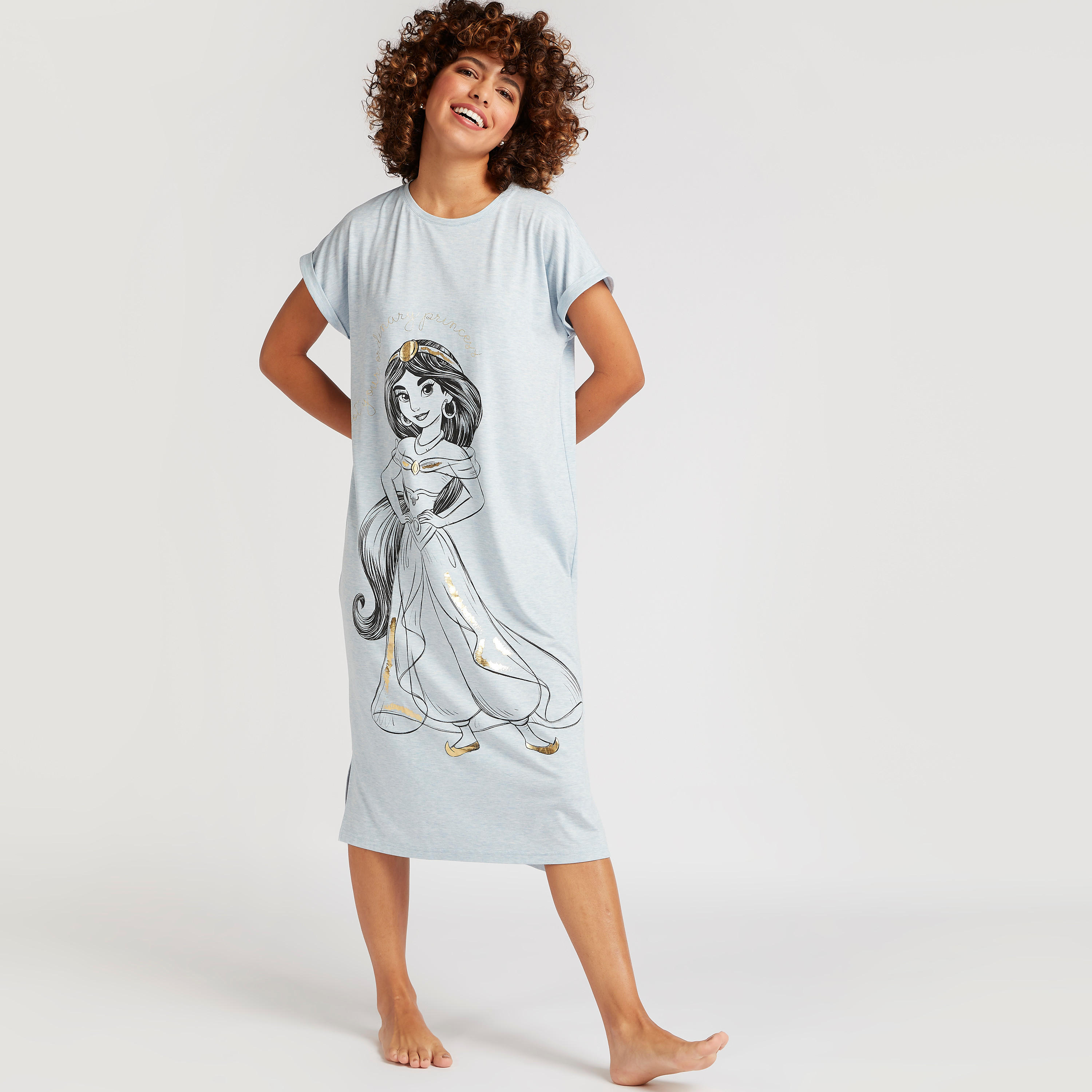 قميص نوم بياقة مستديرة وأكمام كاب وطبعات جاسمين-women-clothing-nightwear-nighties-image-2