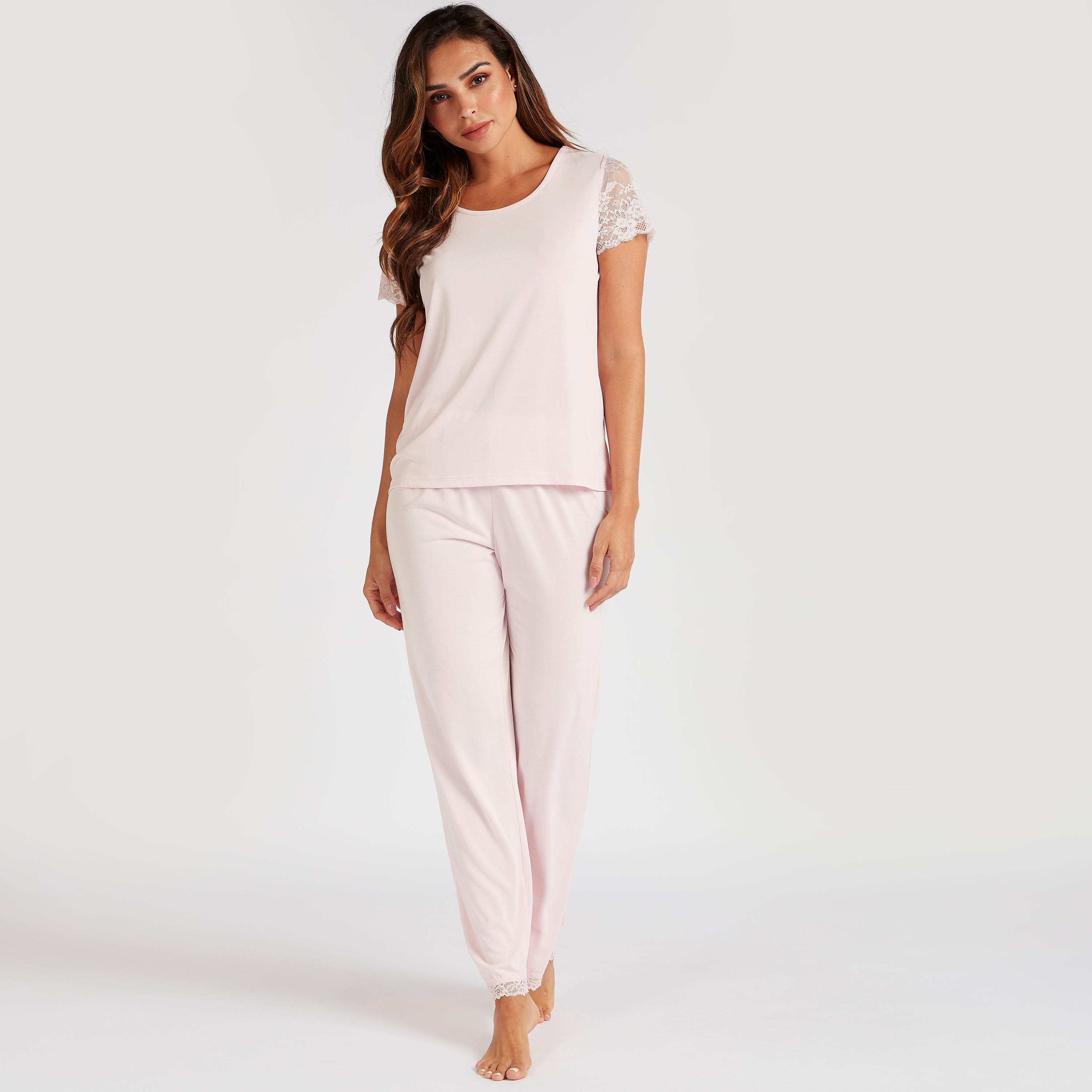 طقم بنطلون بيجاما بطول كامل وبلوزة سادة بياقة مستديرة-women-clothing-nightwear-pyjamas-longsets-image-5