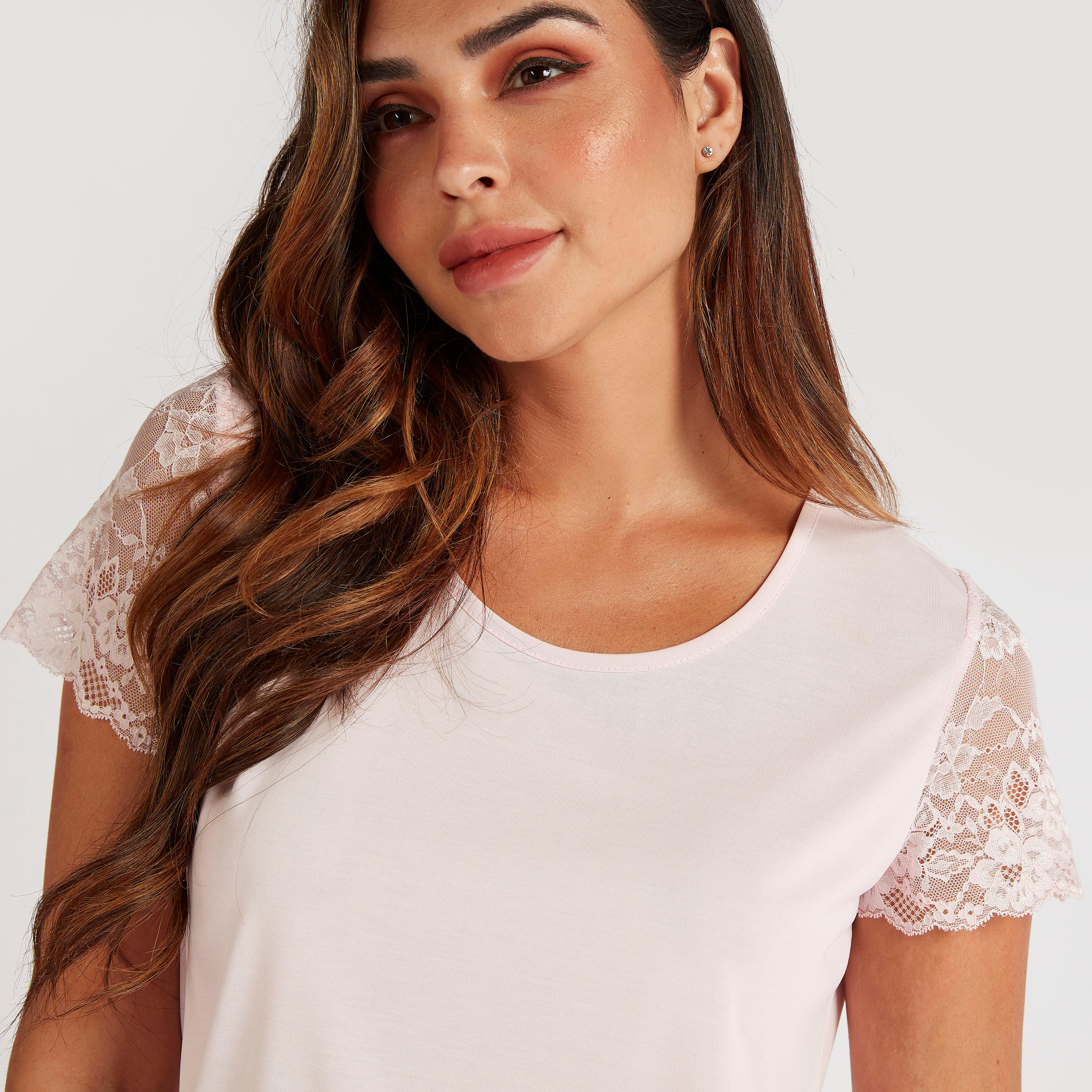 طقم بنطلون بيجاما بطول كامل وبلوزة سادة بياقة مستديرة-women-clothing-nightwear-pyjamas-longsets-image-4