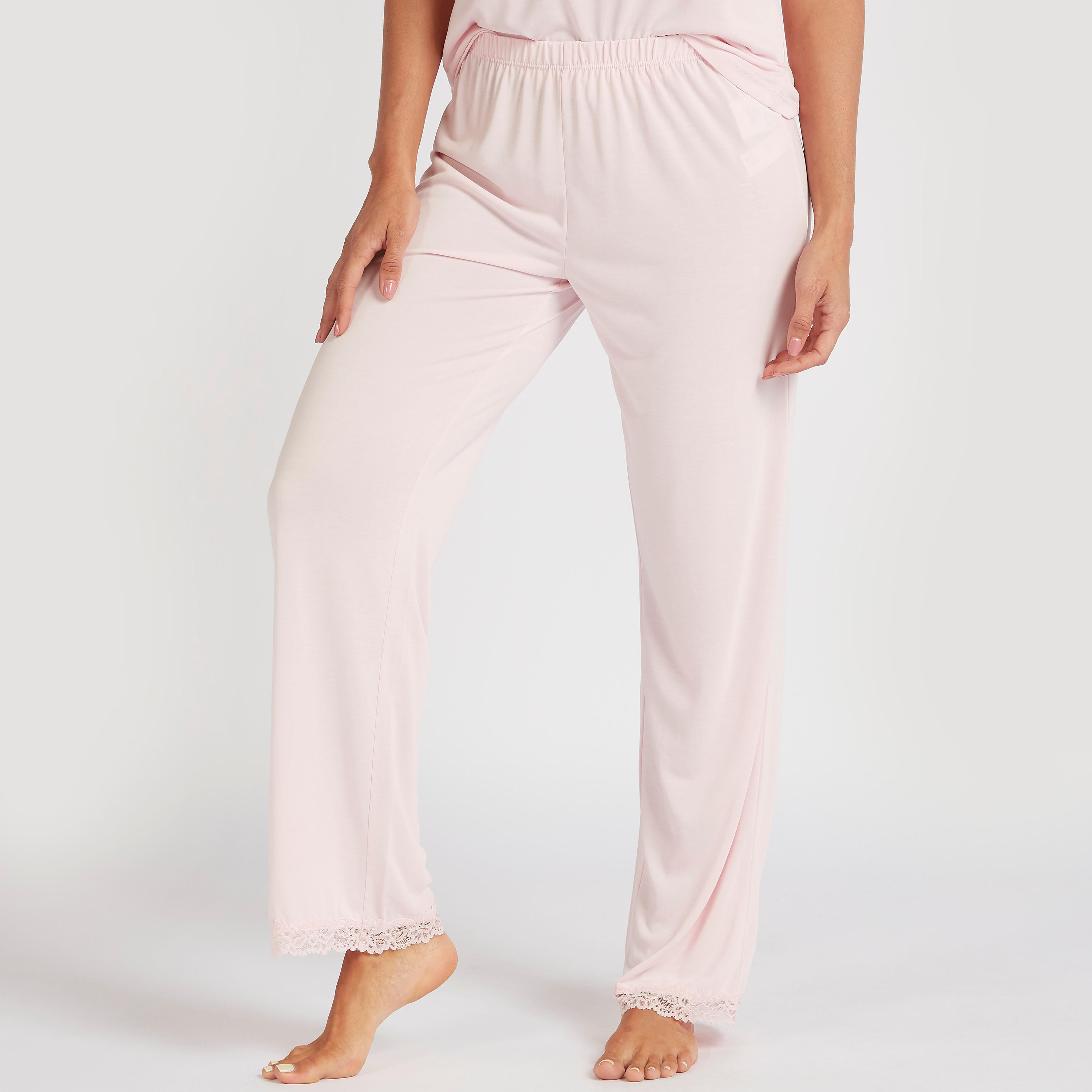 طقم بنطلون بيجاما بطول كامل وبلوزة سادة بياقة مستديرة-women-clothing-nightwear-pyjamas-longsets-image-3