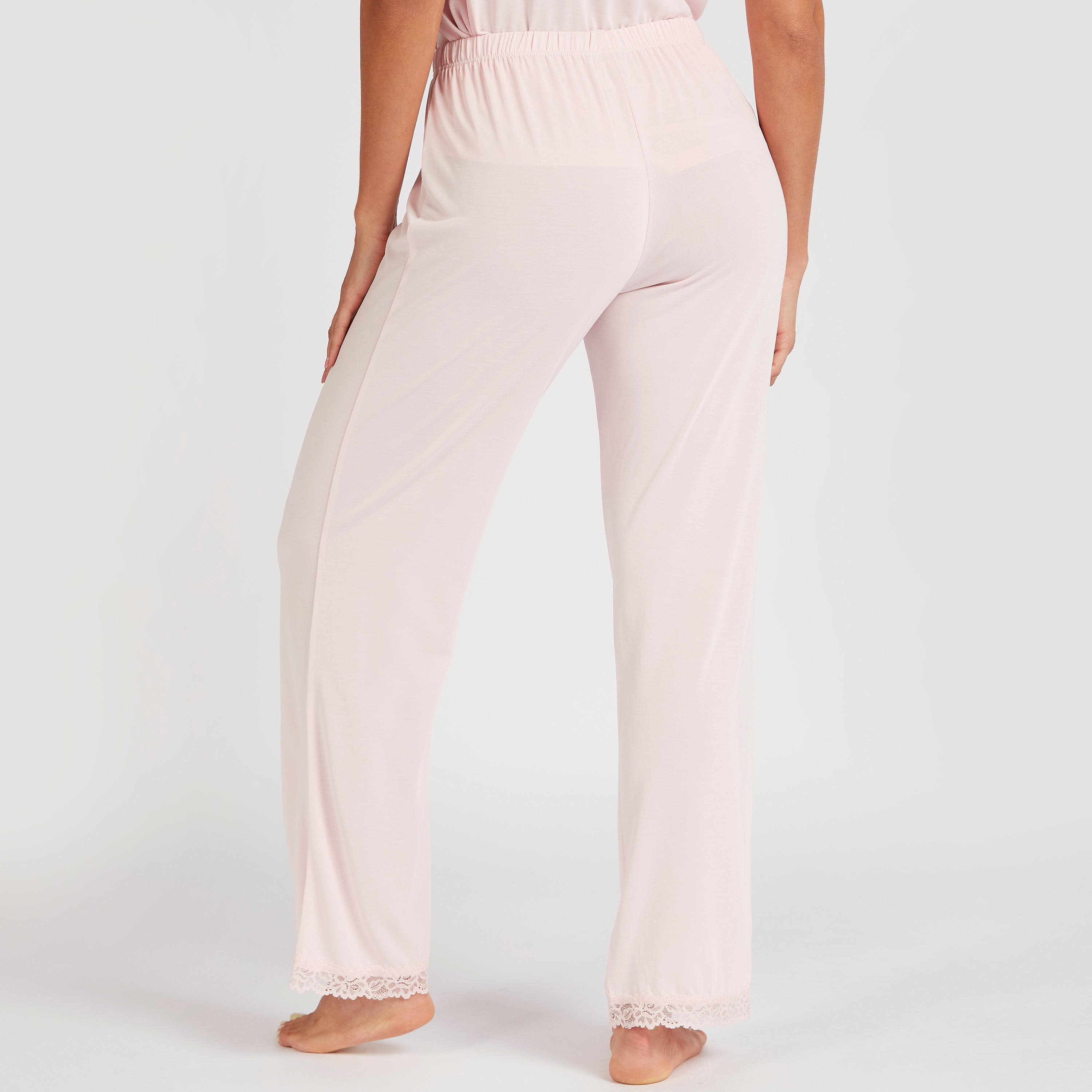 طقم بنطلون بيجاما بطول كامل وبلوزة سادة بياقة مستديرة-women-clothing-nightwear-pyjamas-longsets-image-2