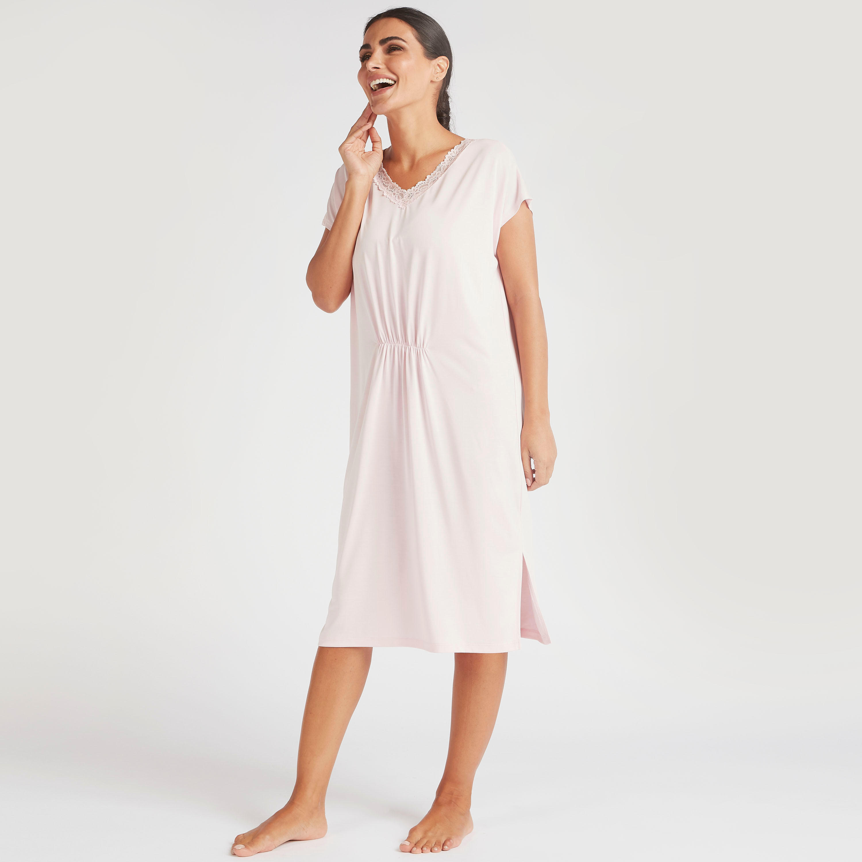 Solid V-neck Sleep Dress with Lace Trim-women-clothing-nightwear-nighties-image-1