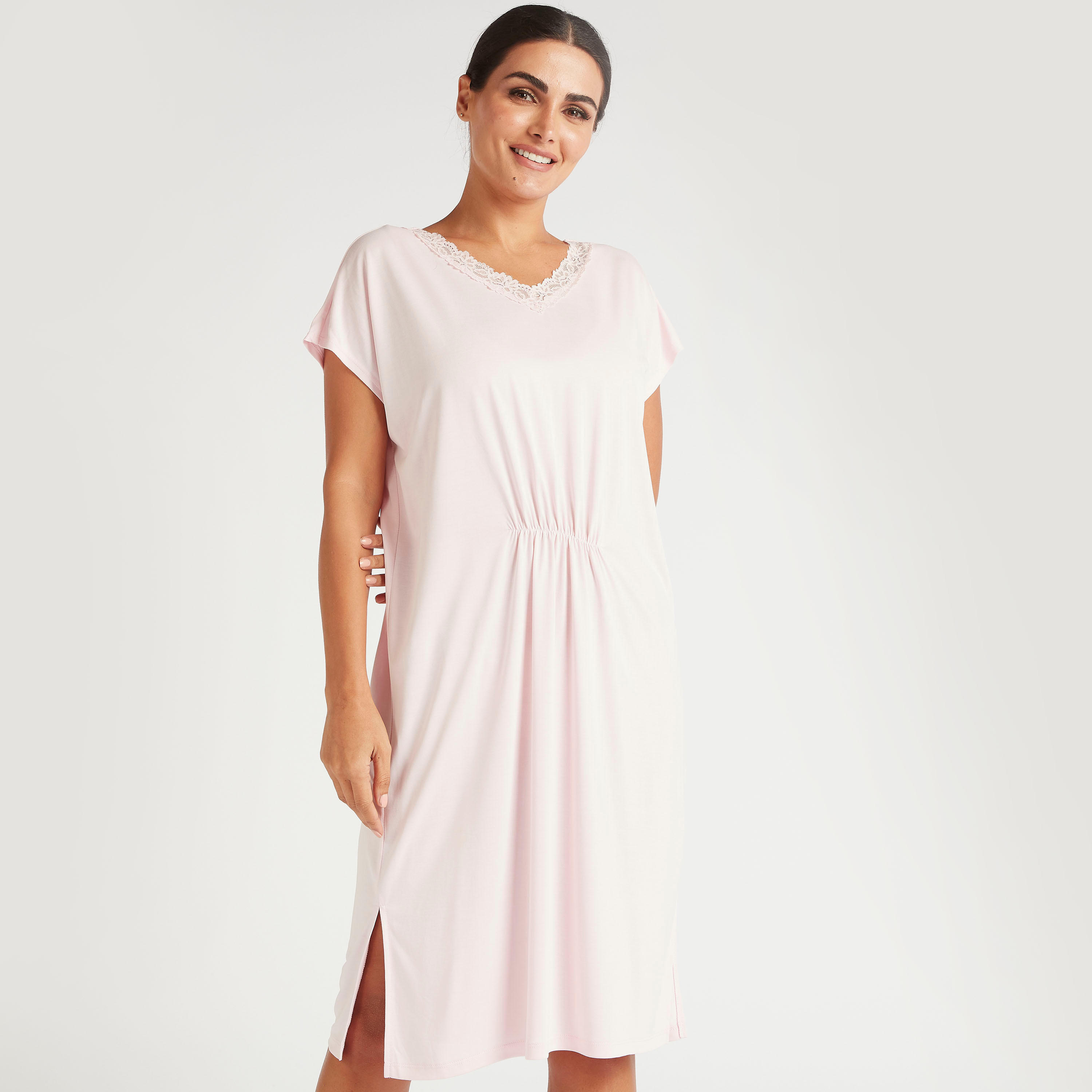 Solid V-neck Sleep Dress with Lace Trim-women-clothing-nightwear-nighties-image-2