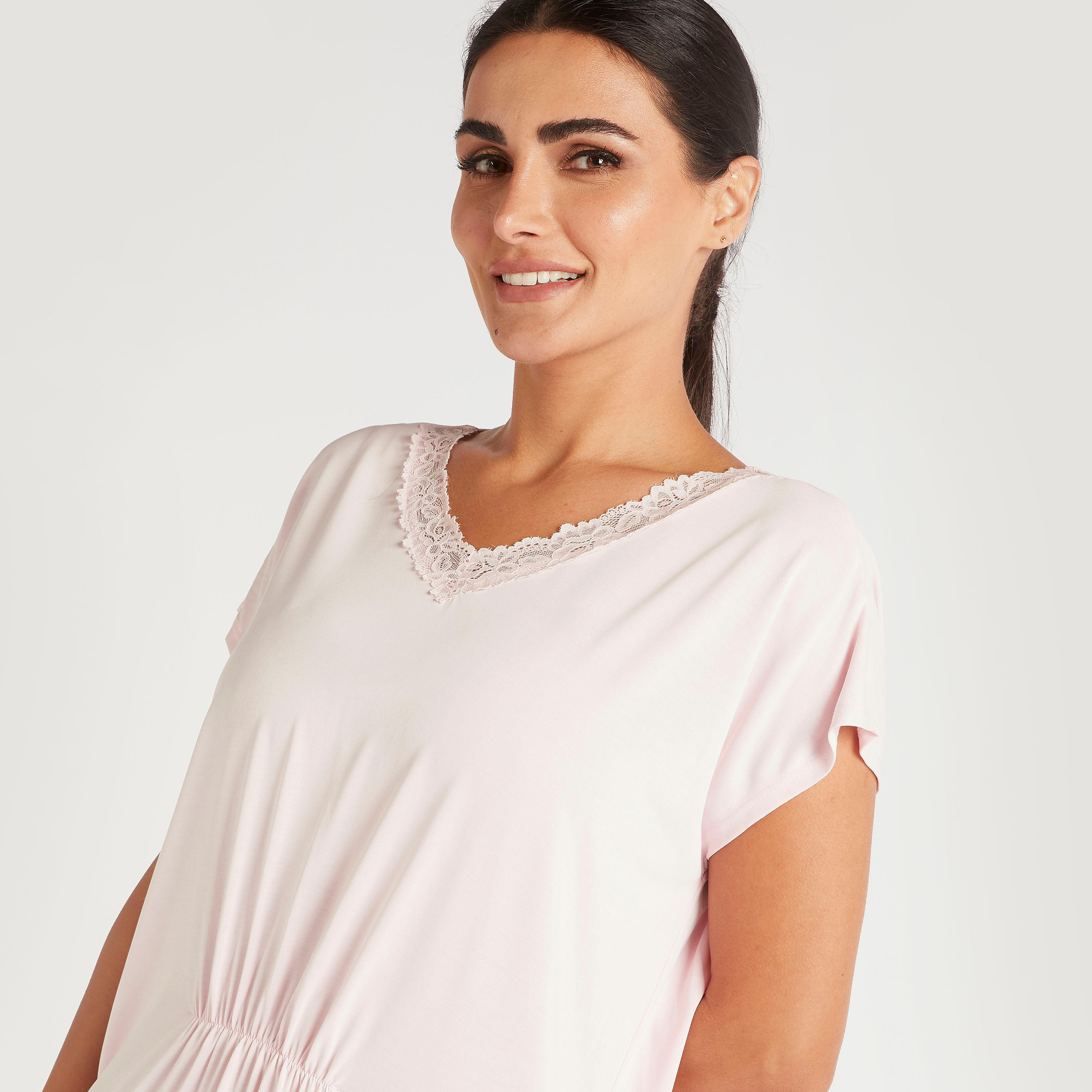 Solid V-neck Sleep Dress with Lace Trim-women-clothing-nightwear-nighties-image-3