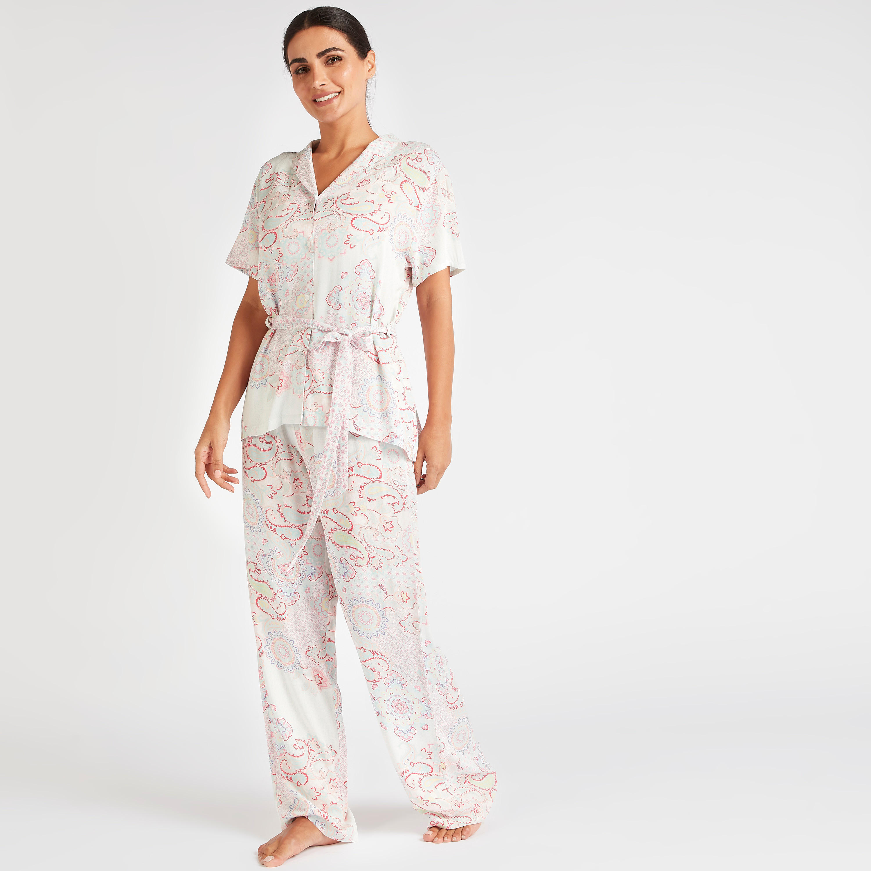 طقم بيجاما وقميص بياقة على شكل V وطبعة بيزلي-women-clothing-nightwear-pyjamas-longsets-image-1