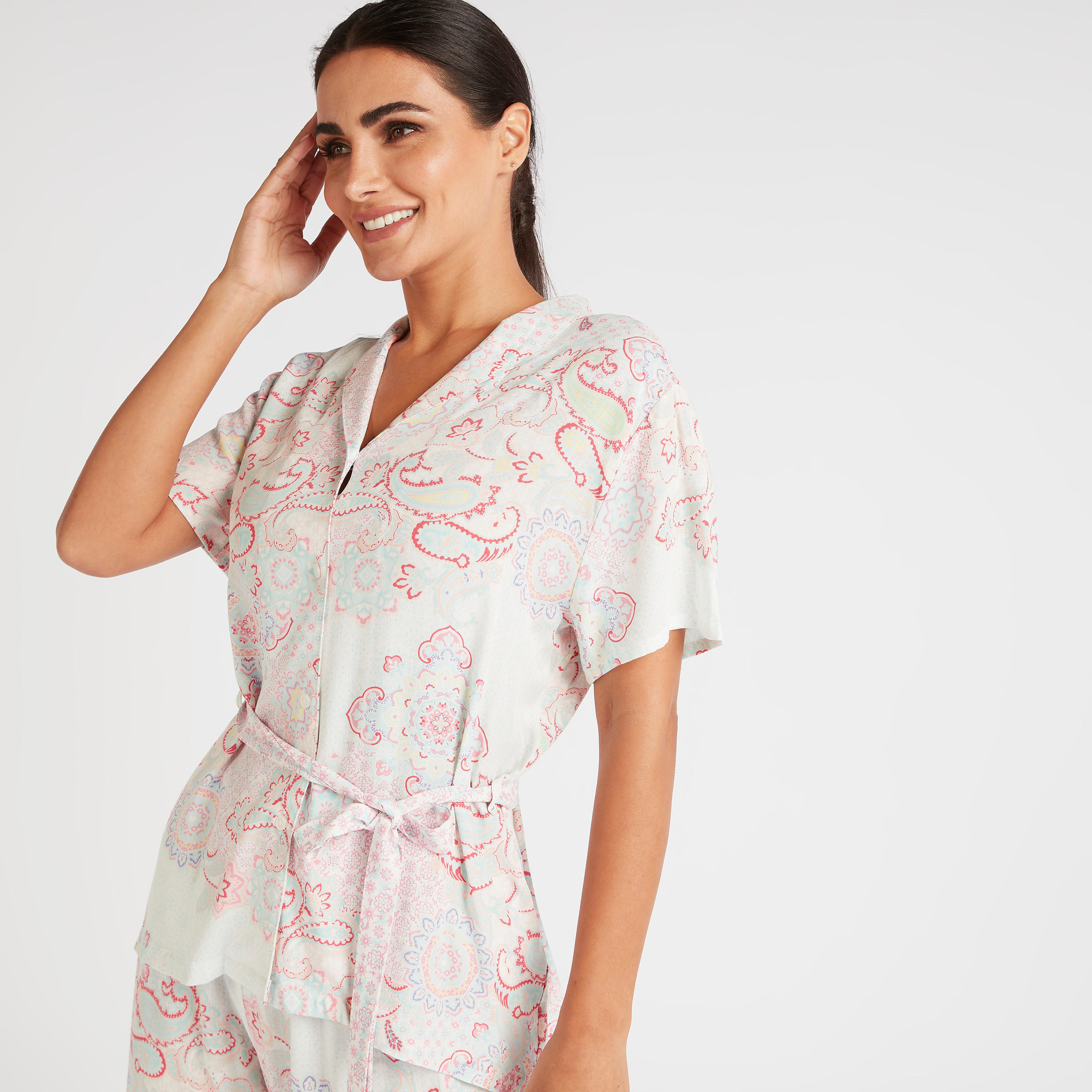 طقم بيجاما وقميص بياقة على شكل V وطبعة بيزلي-women-clothing-nightwear-pyjamas-longsets-image-2