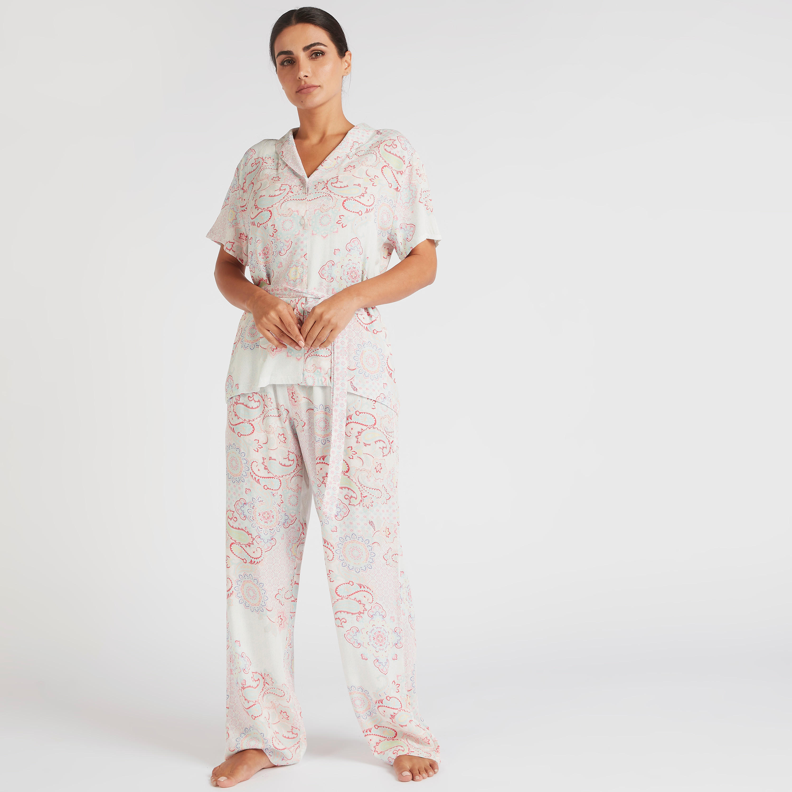 طقم بيجاما وقميص بياقة على شكل V وطبعة بيزلي-women-clothing-nightwear-pyjamas-longsets-image-6
