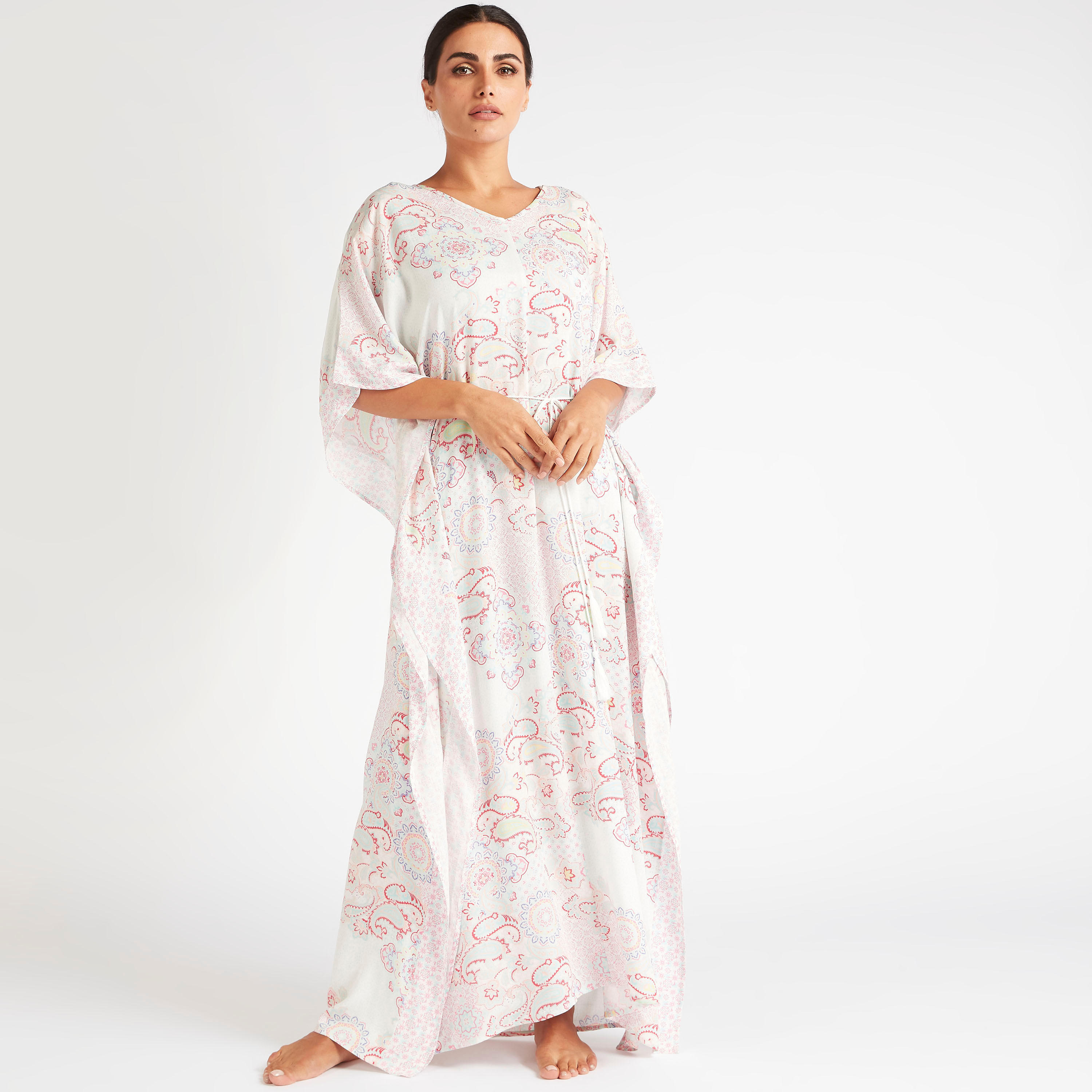 قميص نوم بياقة على شكل V بطبعات بيزلي وأكمام 3/4-women-clothing-nightwear-nighties-image-2