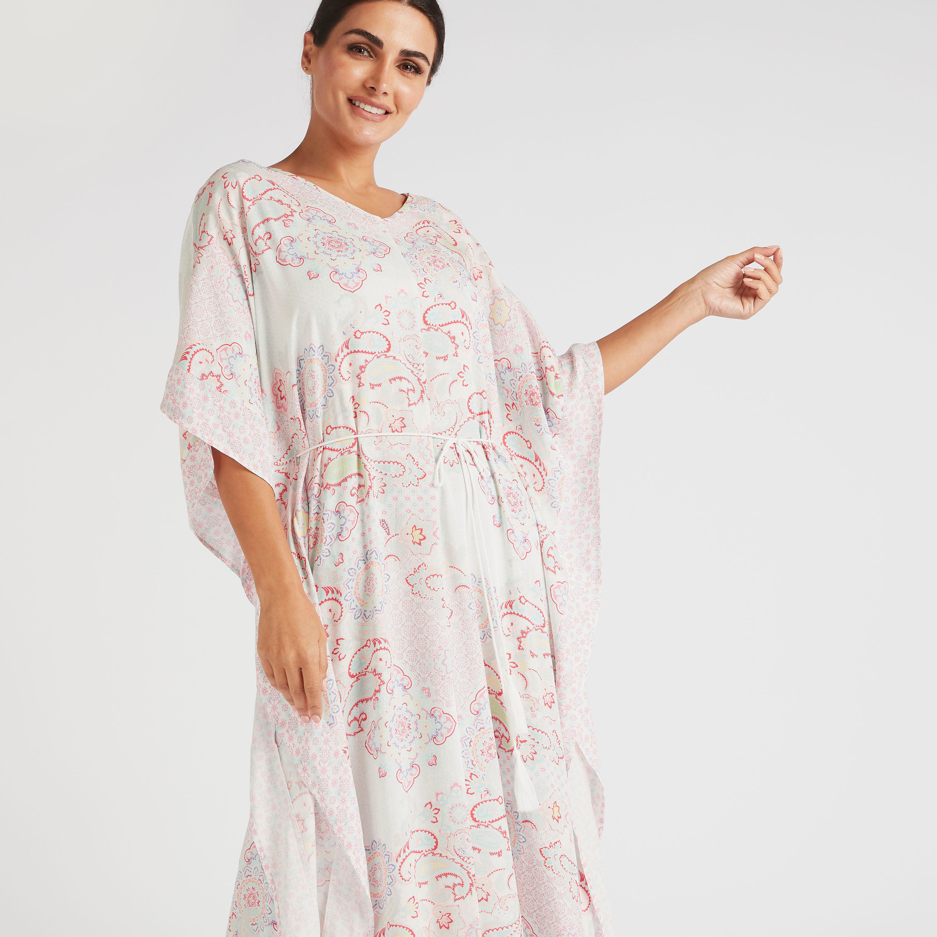 قميص نوم بياقة على شكل V بطبعات بيزلي وأكمام 3/4-women-clothing-nightwear-nighties-image-5