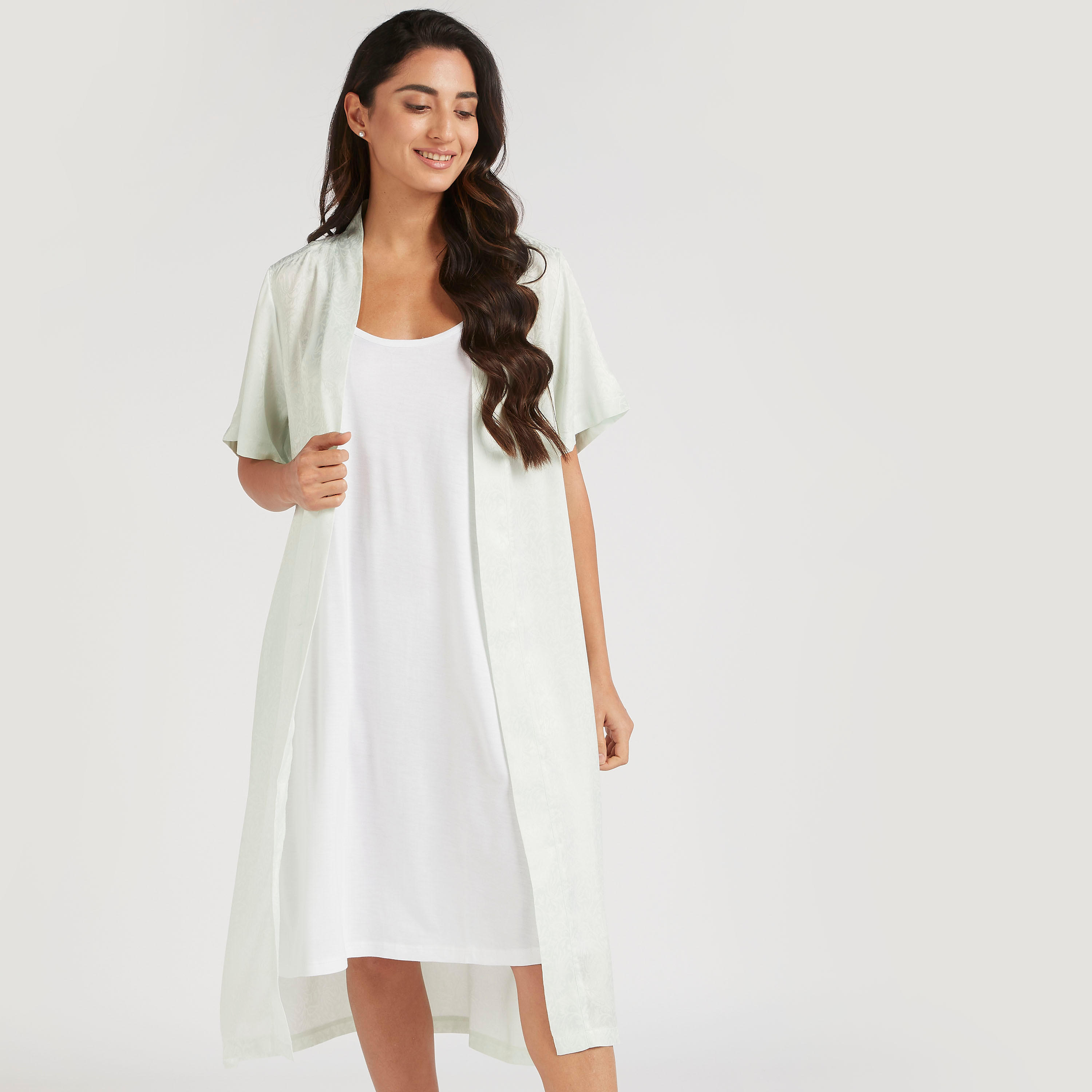 Printed Robe with Short Sleeves and Tie-Up Belt-women-clothing-nightwear-nighties-image-1