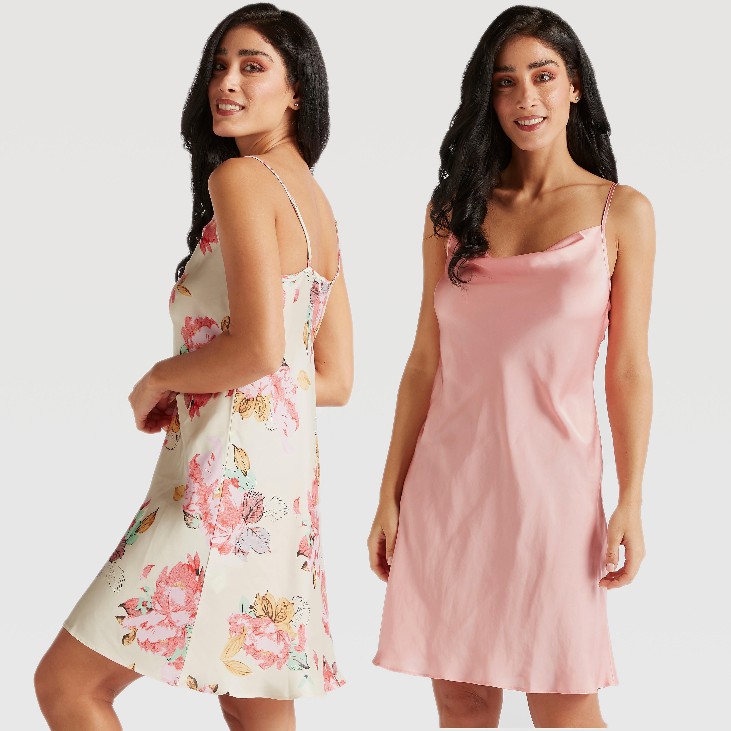 قميص نوم دون أكمام بياقة منسدلة وحمّالات قابلة للتعديل - طقم من قطعتين-women-clothing-nightwear-nighties-image-1