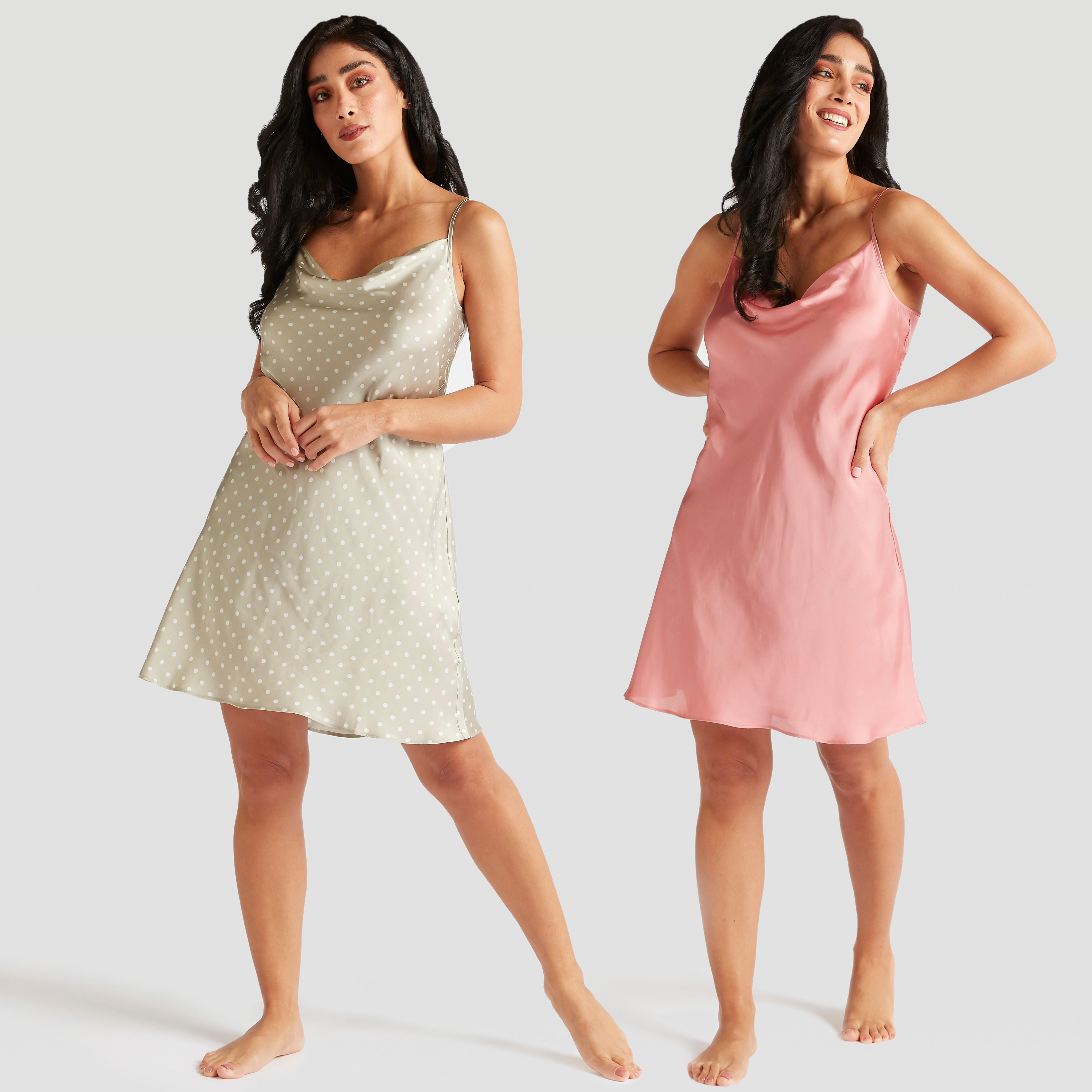 قميص نوم دون أكمام بياقة منسدلة وحمّالات قابلة للتعديل - طقم من قطعتين-women-clothing-nightwear-nighties-image-1