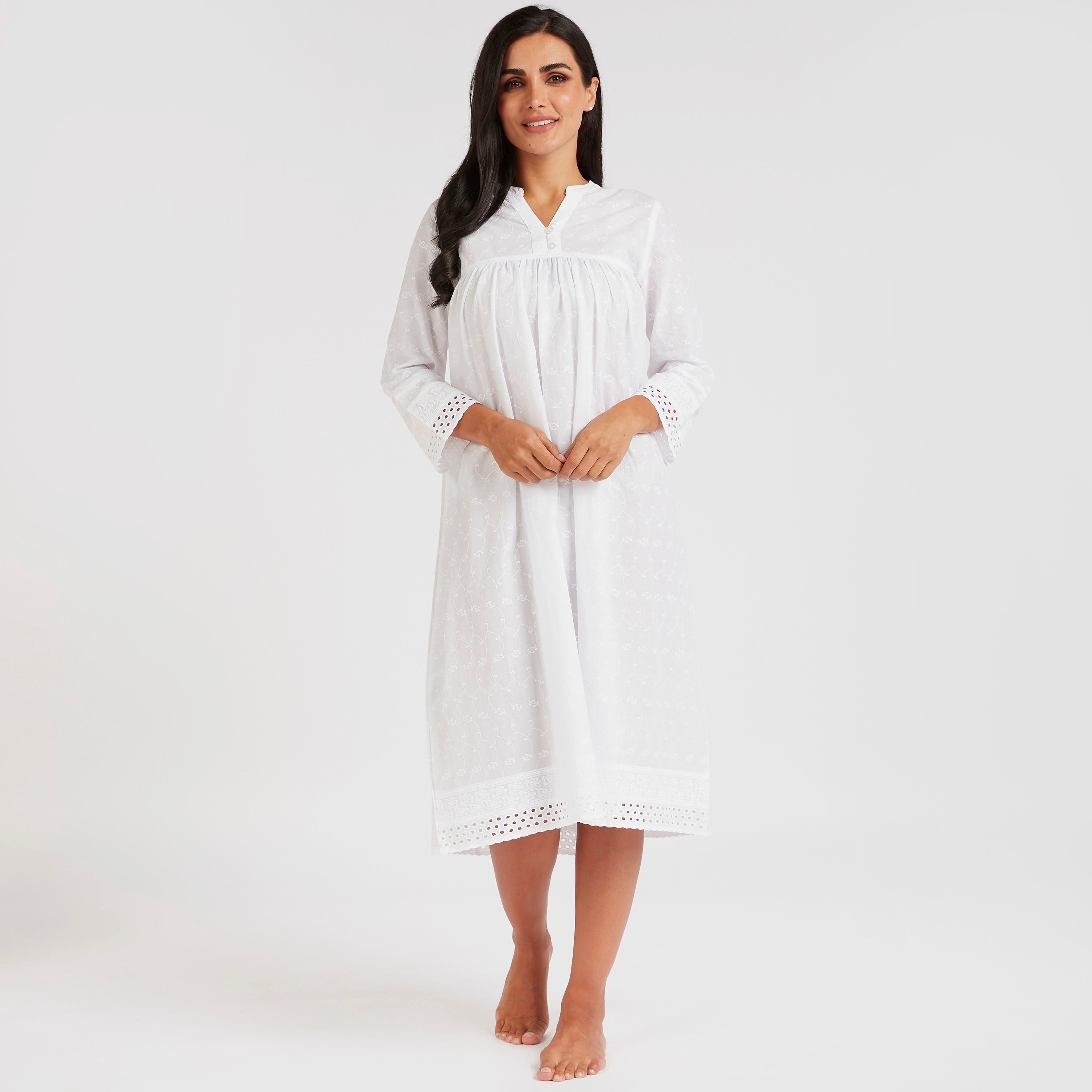 قميص نوم مطرز بياقة ماندارين وأكمام 3/4-women-clothing-nightwear-nighties-image-1