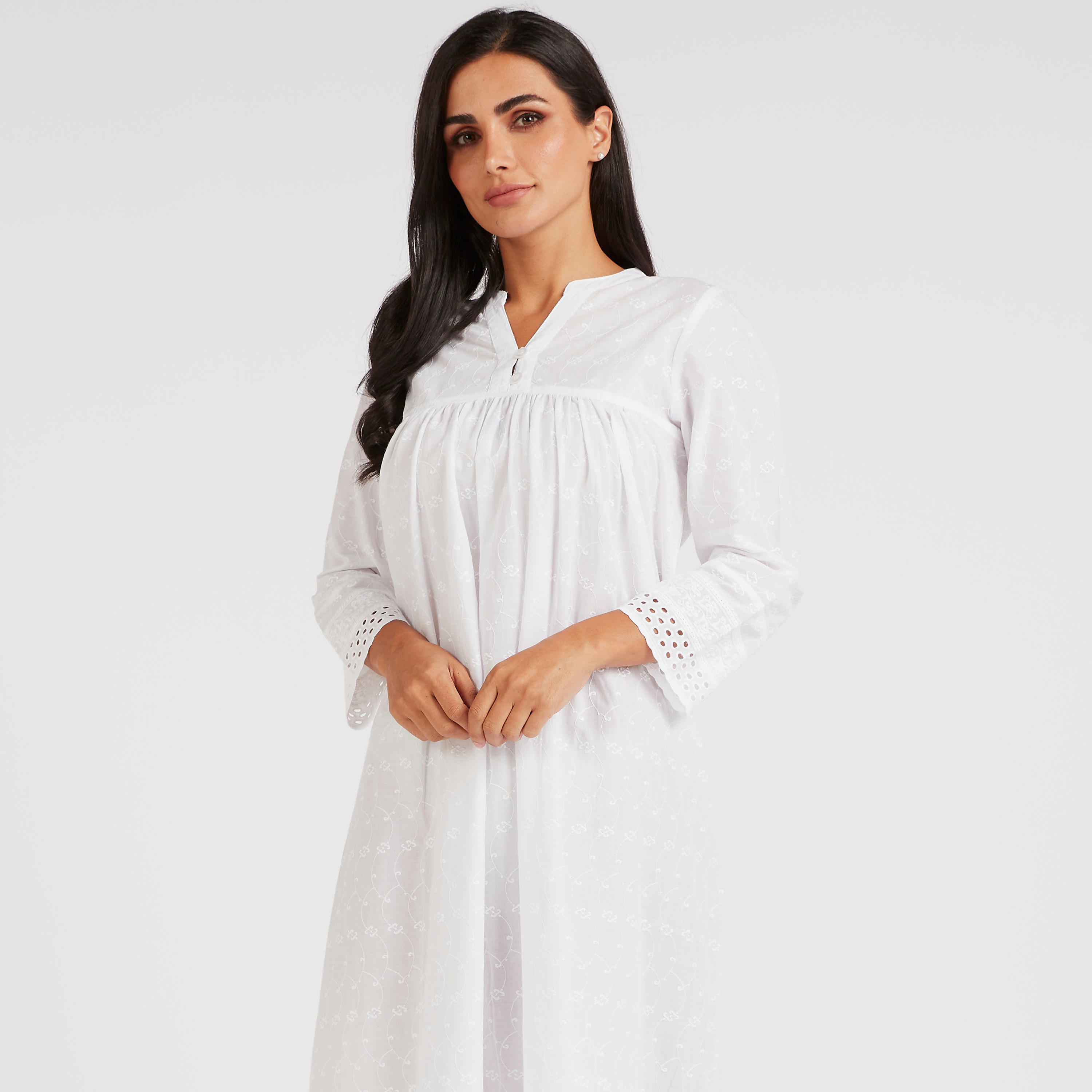 قميص نوم مطرز بياقة ماندارين وأكمام 3/4-women-clothing-nightwear-nighties-image-2