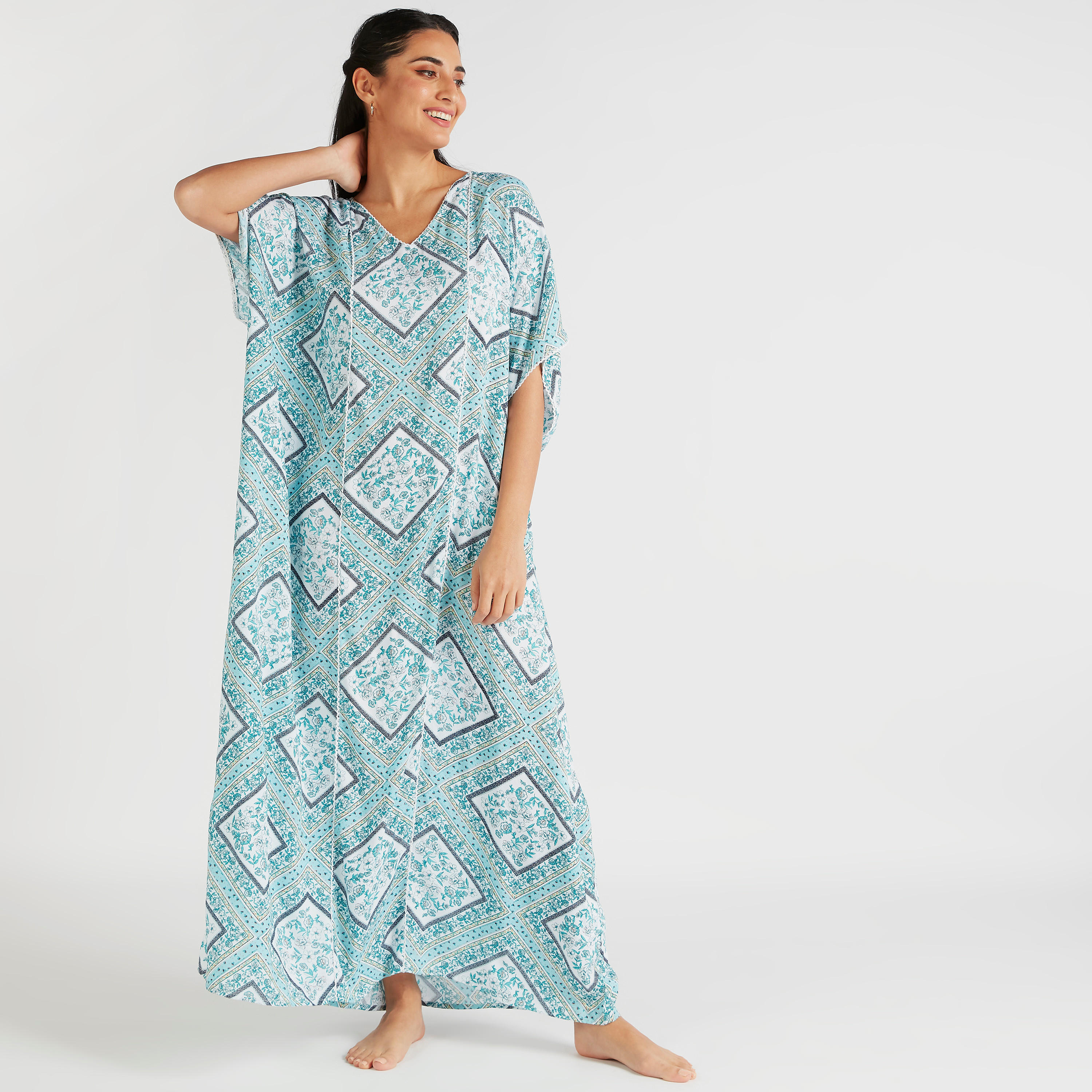 ثوب قفطان بياقة v وطبعات-women-clothing-nightwear-nighties-image-1