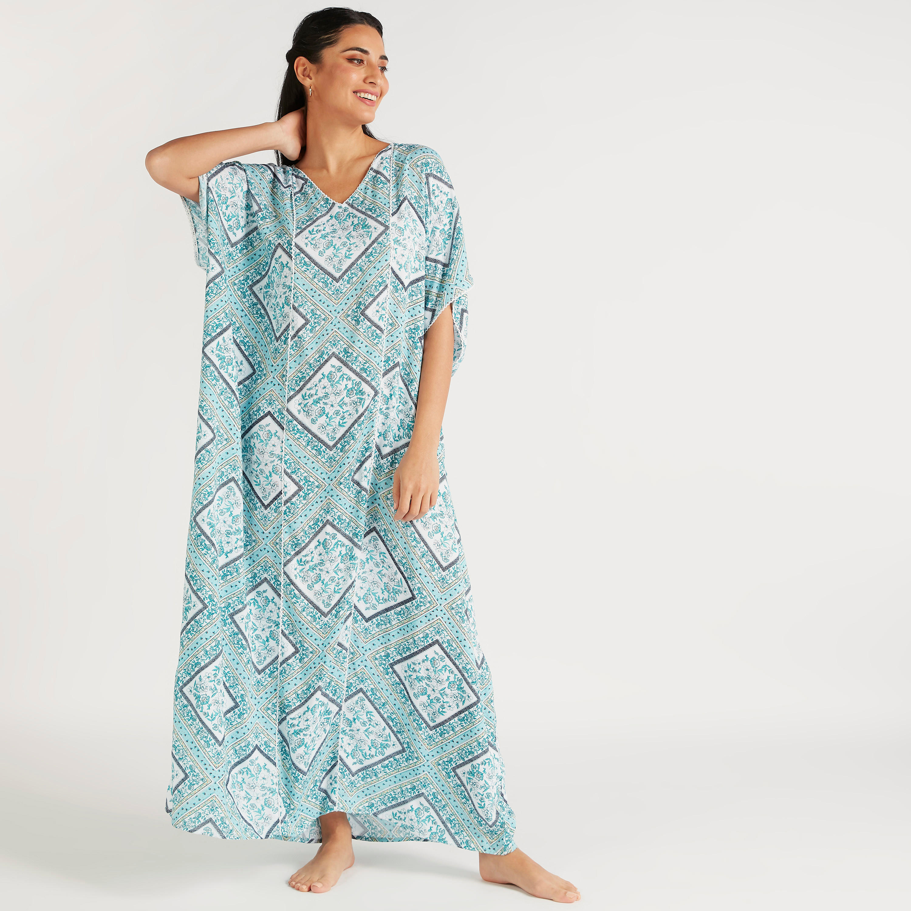 ثوب قفطان بياقة v وطبعات-women-clothing-nightwear-nighties-image-5