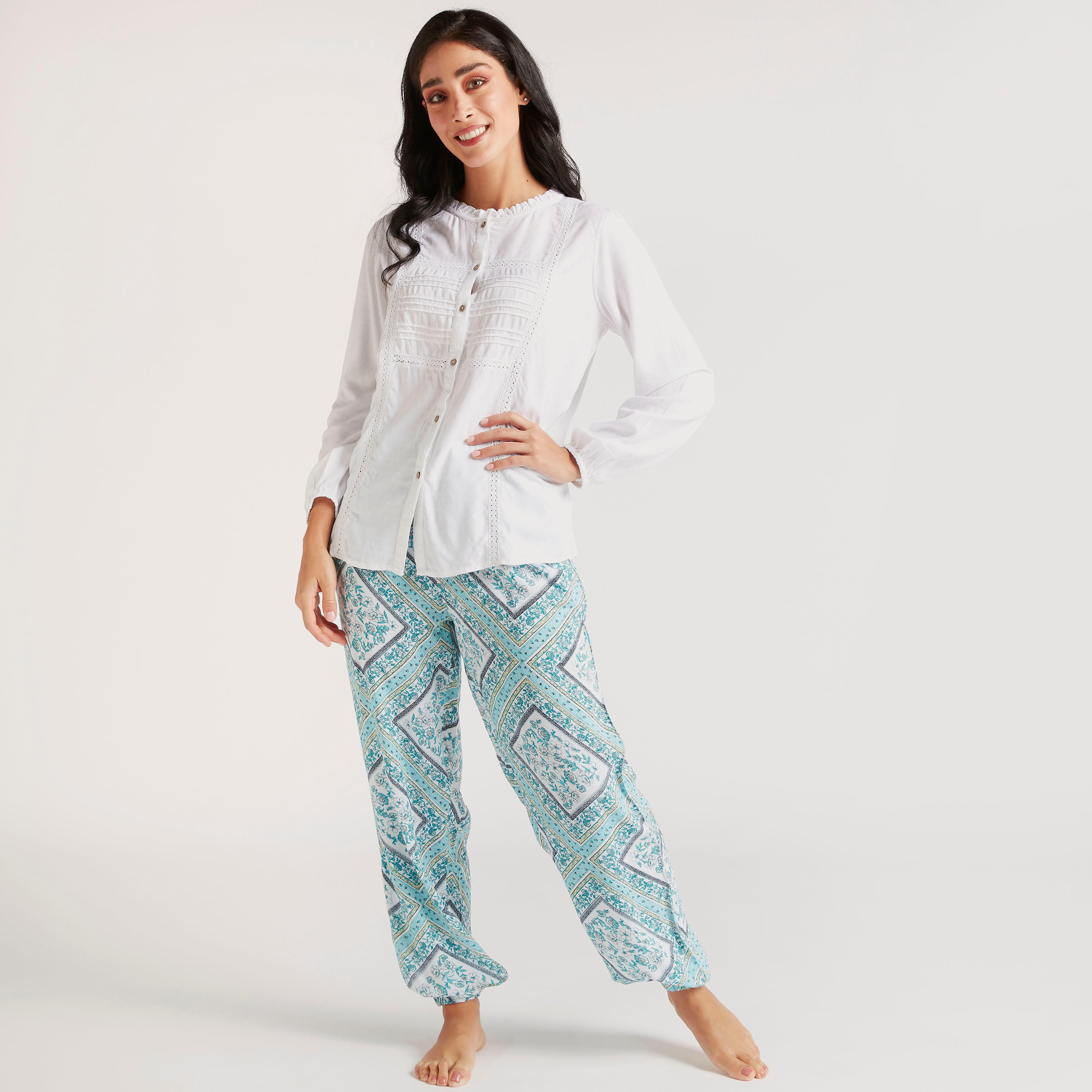 Mandarin Collar Shirt and Printed Pyjama Set-women-clothing-nightwear-pyjamas-longsets-image-1