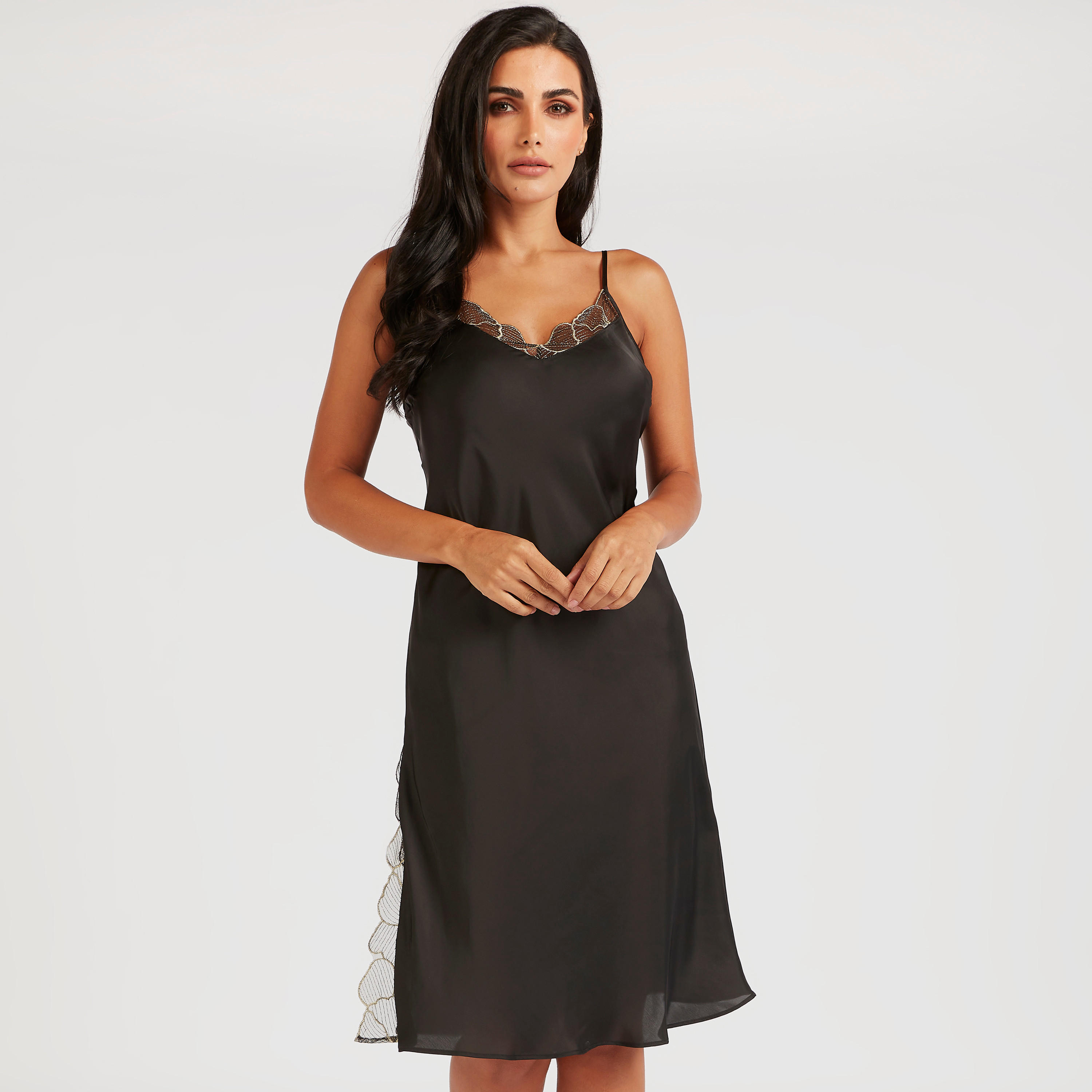 Solid V-neck Gown with Straps and Lace Detail-women-clothing-nightwear-nighties-image-1