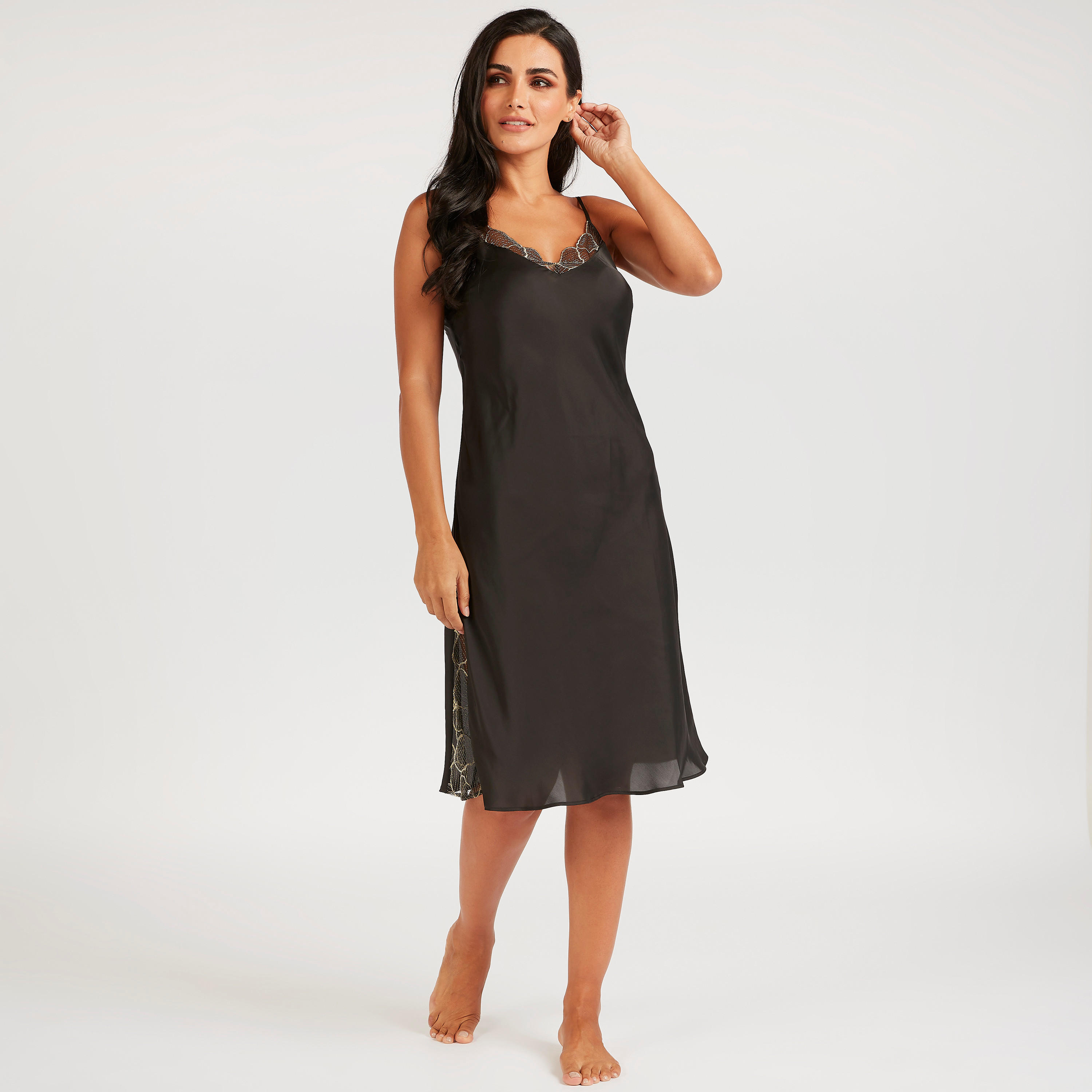 Solid V-neck Gown with Straps and Lace Detail-women-clothing-nightwear-nighties-image-2
