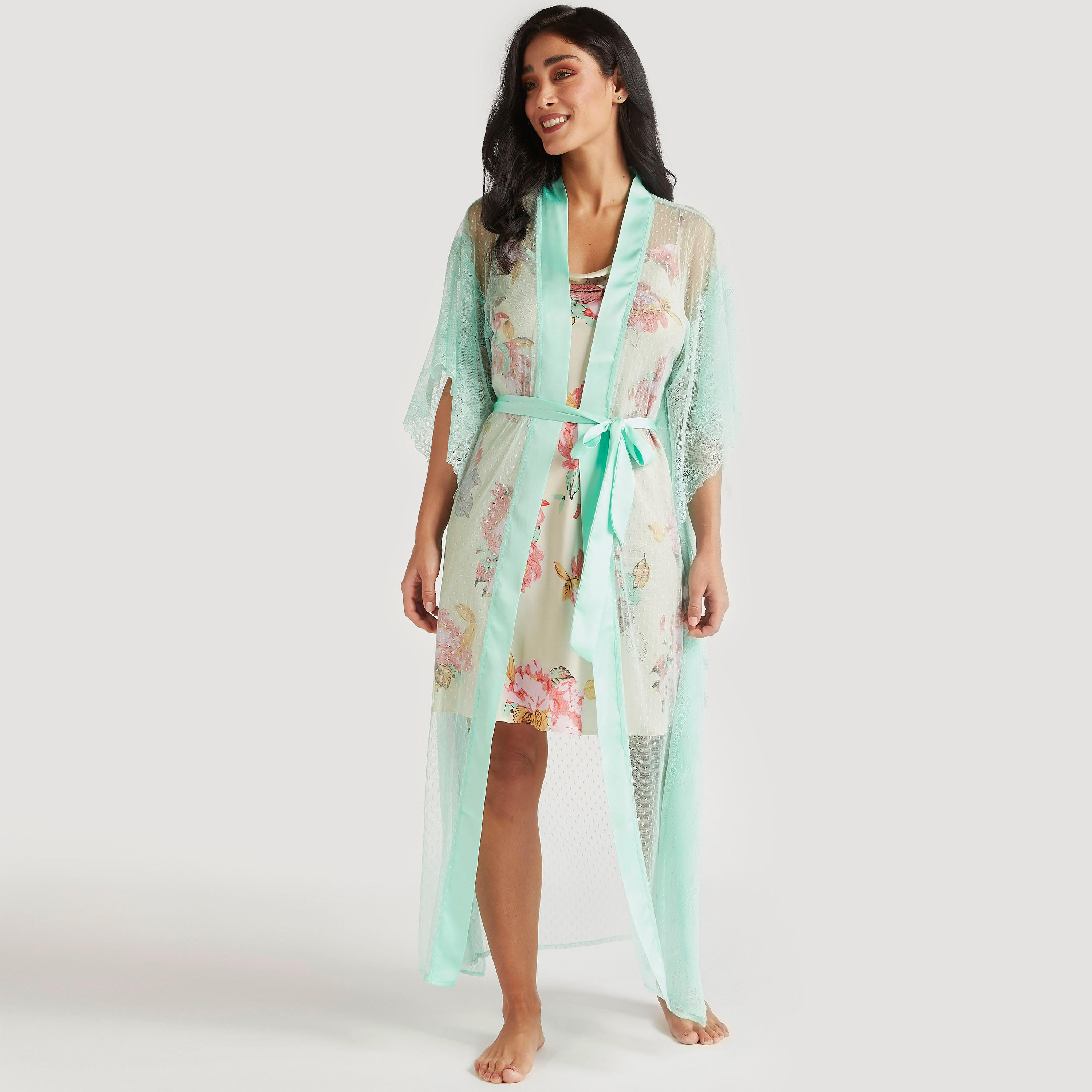 روب كيمونو سادة بأكمام 3/4 وأربطة-women-clothing-nightwear-robes-image-7