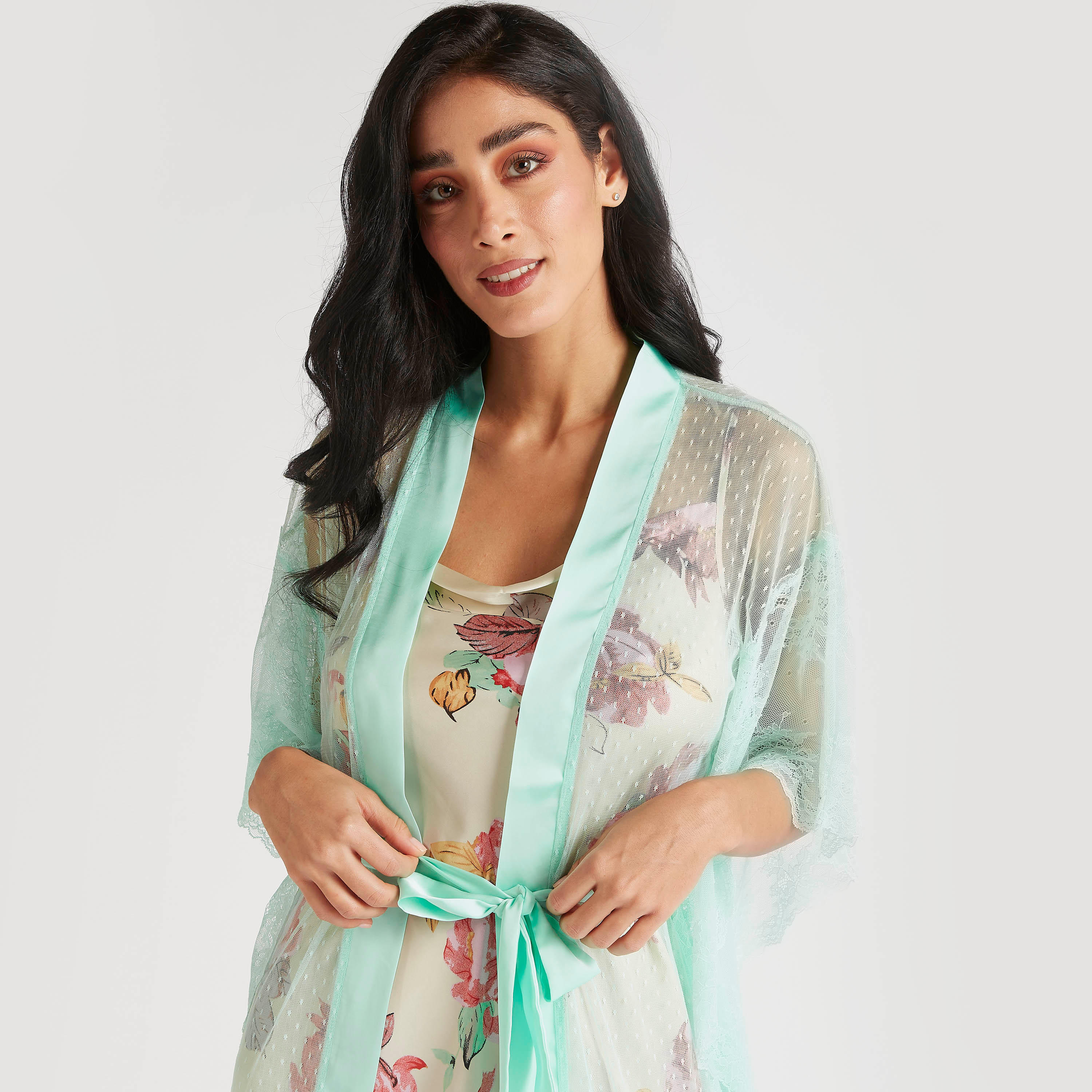 روب كيمونو سادة بأكمام 3/4 وأربطة-women-clothing-nightwear-robes-image-6