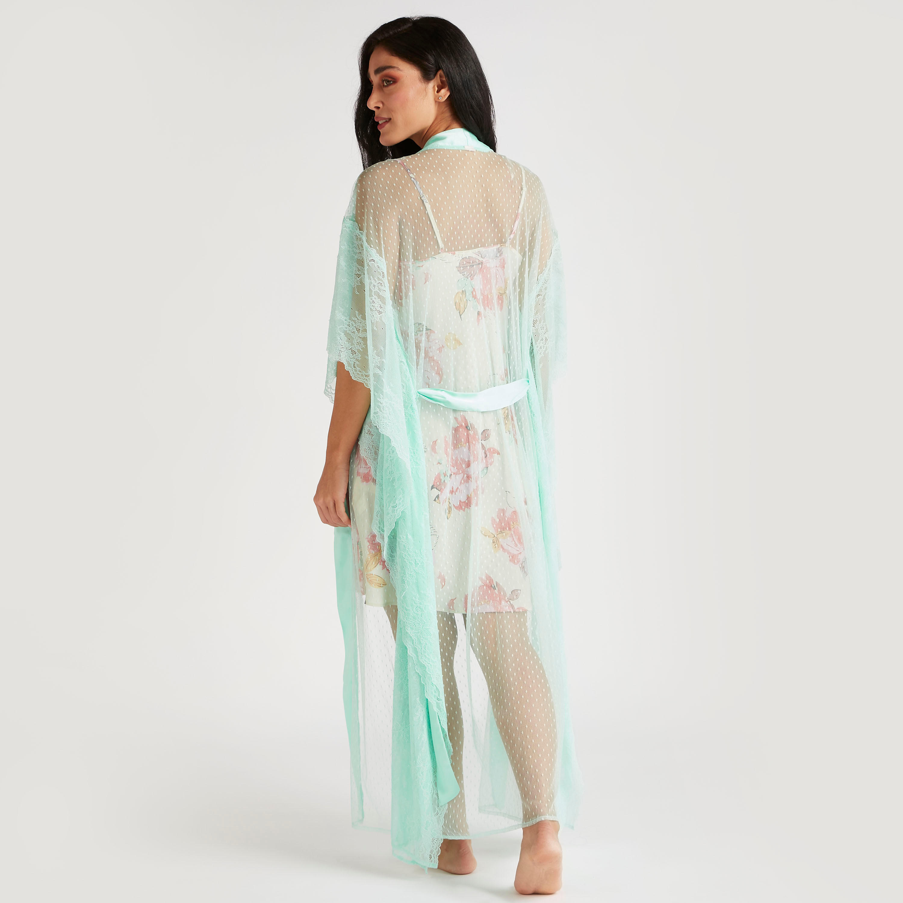 روب كيمونو سادة بأكمام 3/4 وأربطة-women-clothing-nightwear-robes-image-4