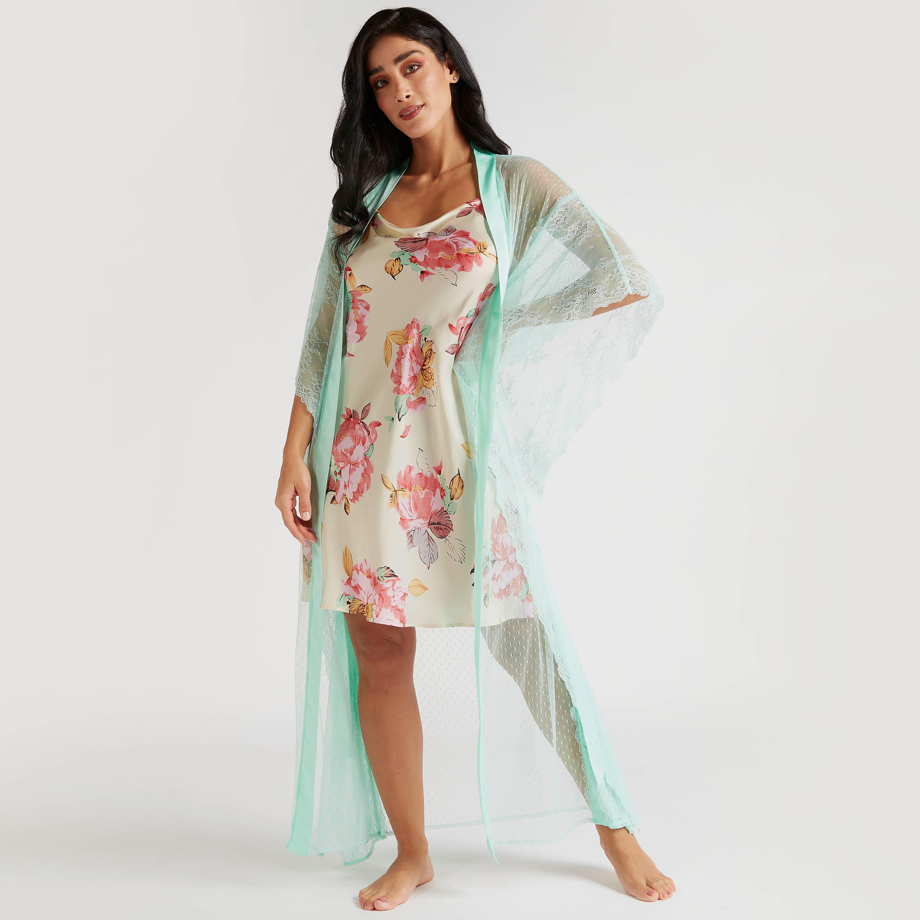 روب كيمونو سادة بأكمام 3/4 وأربطة-women-clothing-nightwear-robes-image-3