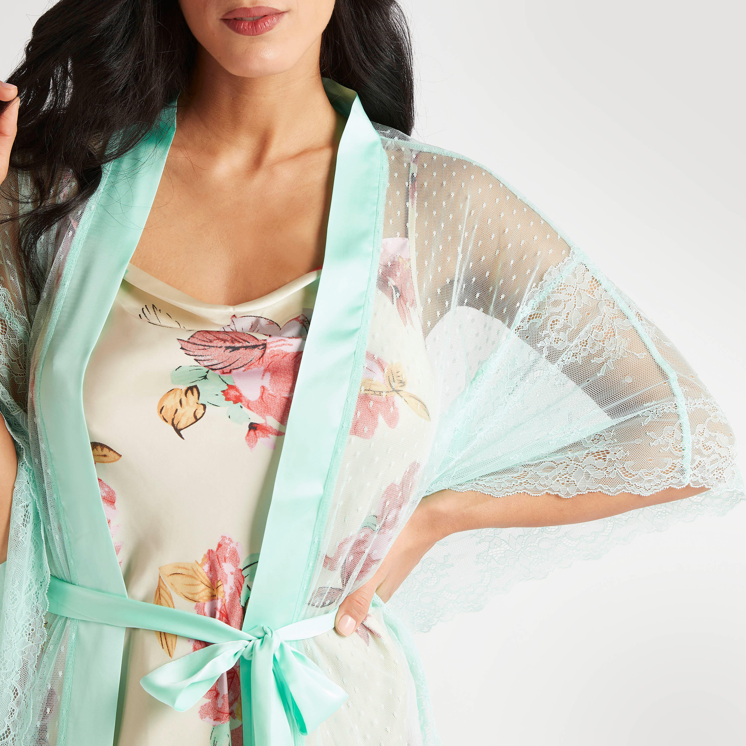 روب كيمونو سادة بأكمام 3/4 وأربطة-women-clothing-nightwear-robes-image-2