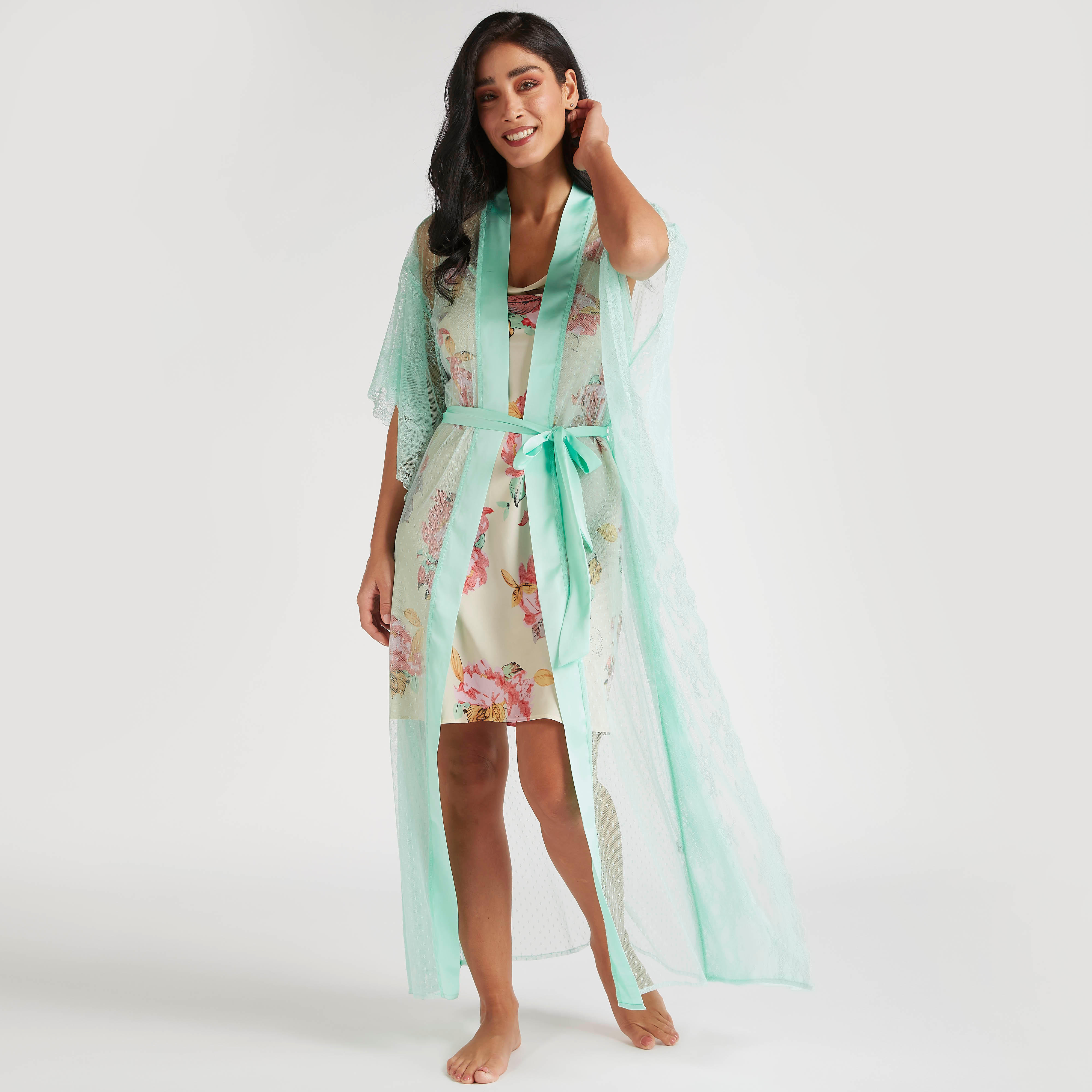 روب كيمونو سادة بأكمام 3/4 وأربطة-women-clothing-nightwear-robes-image-1