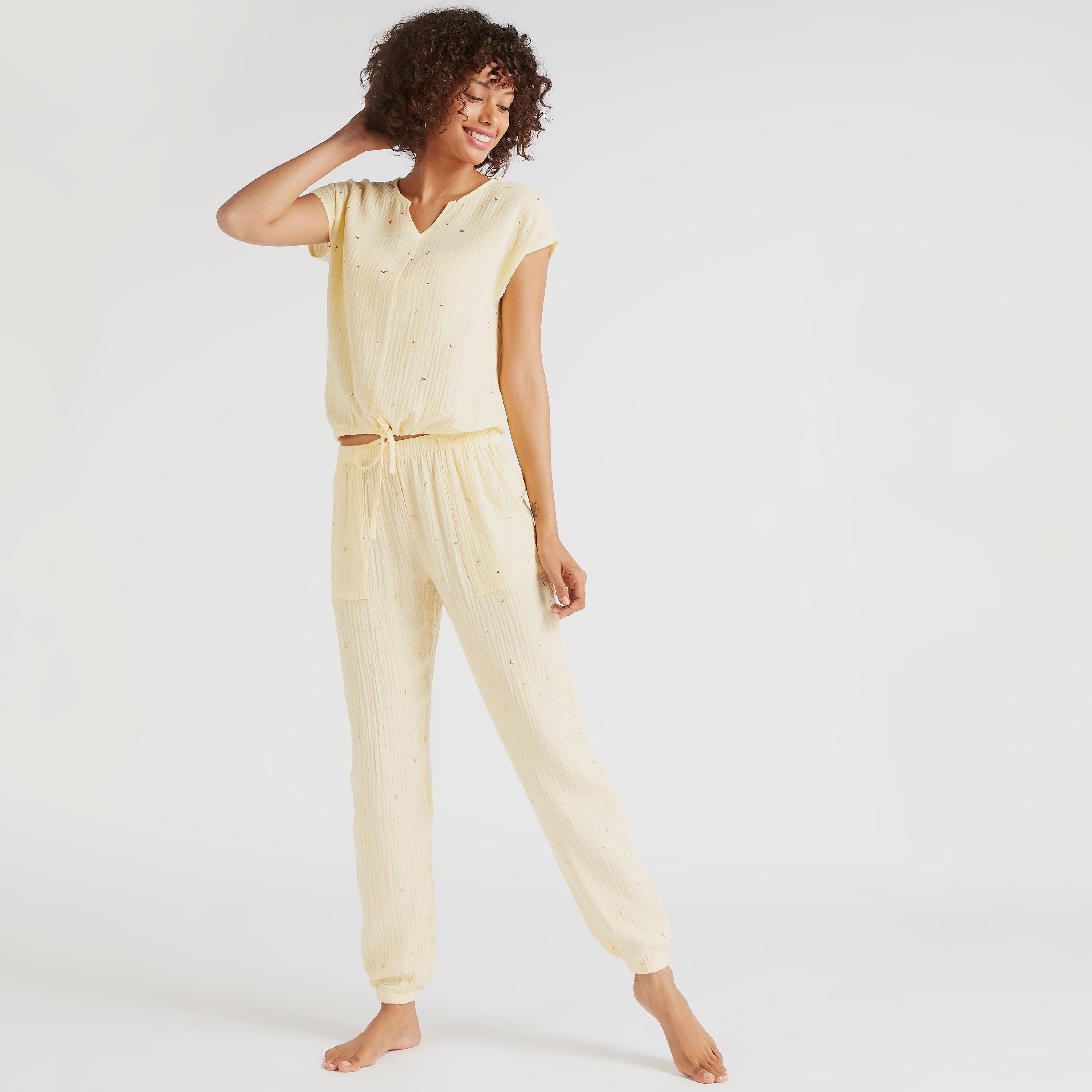 Textured Tie-Up Detailed Top and Pyjama Set-women-clothing-nightwear-pyjamas-longsets-image-2
