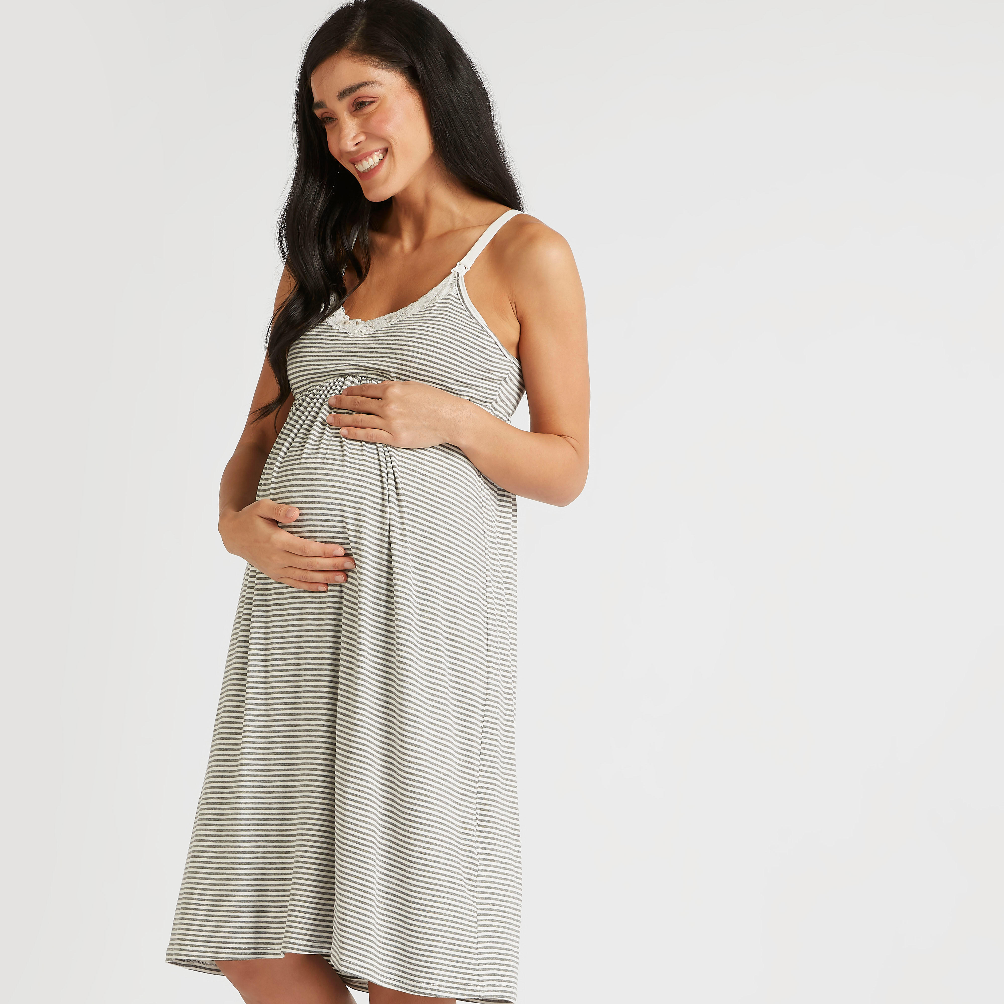 قميص نوم للحوامل دون أكمام مقلّم بياقة عميقة-women-clothing-maternity-nightwear-image-1