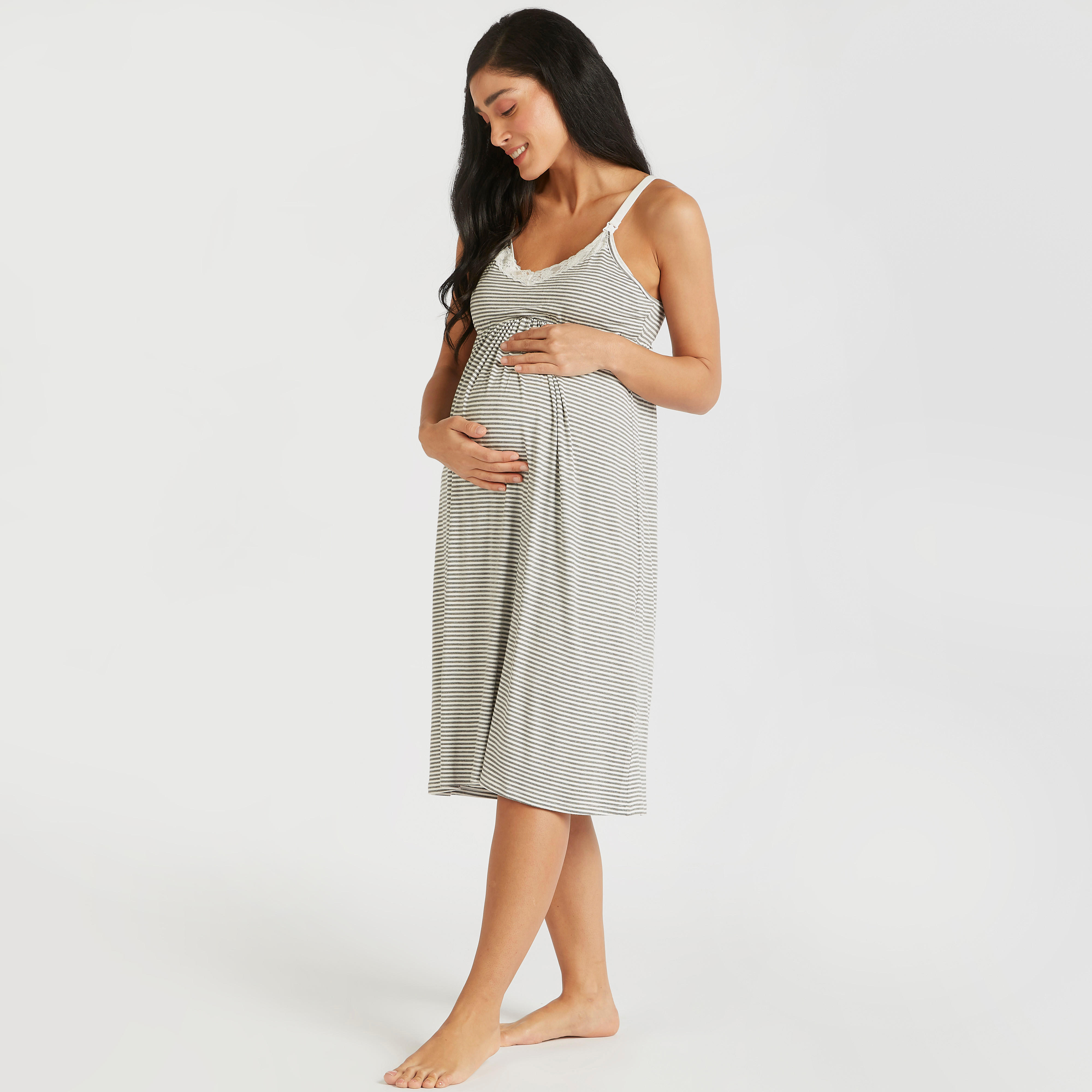 قميص نوم للحوامل دون أكمام مقلّم بياقة عميقة-women-clothing-maternity-nightwear-image-2