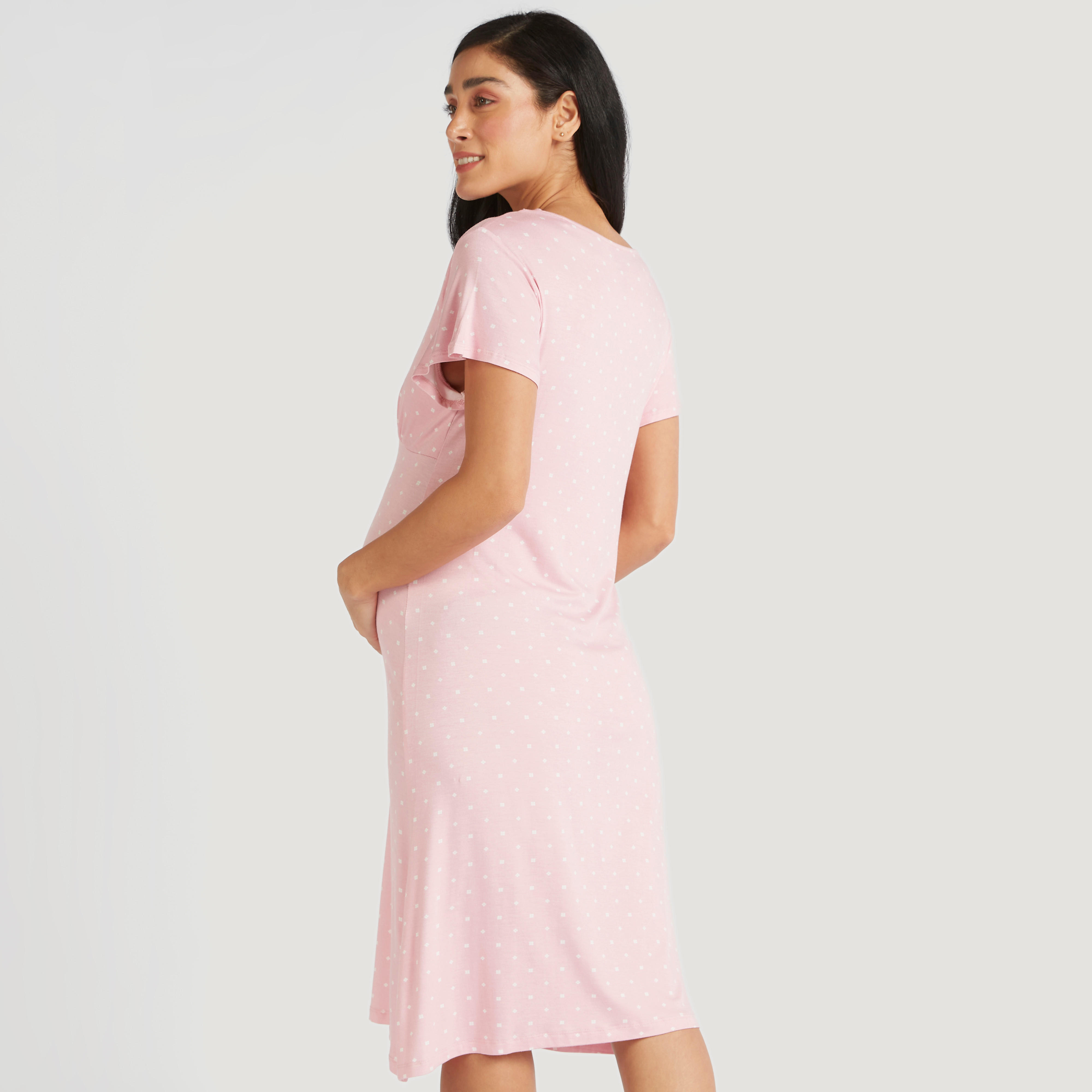 قميص نوم للحوامل ميدي بطبعات منقّطة وأكمام كاب مستديرة-women-clothing-maternity-nightwear-image-4