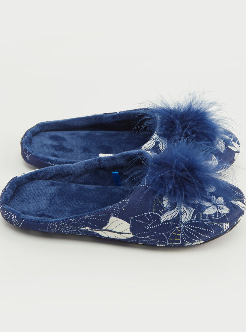 شبشب غرفة نوم سهل الارتداء بطبعات أزهار وتفاصيل ريش-women-clothing-nightwear-bedroomslippers-image-4