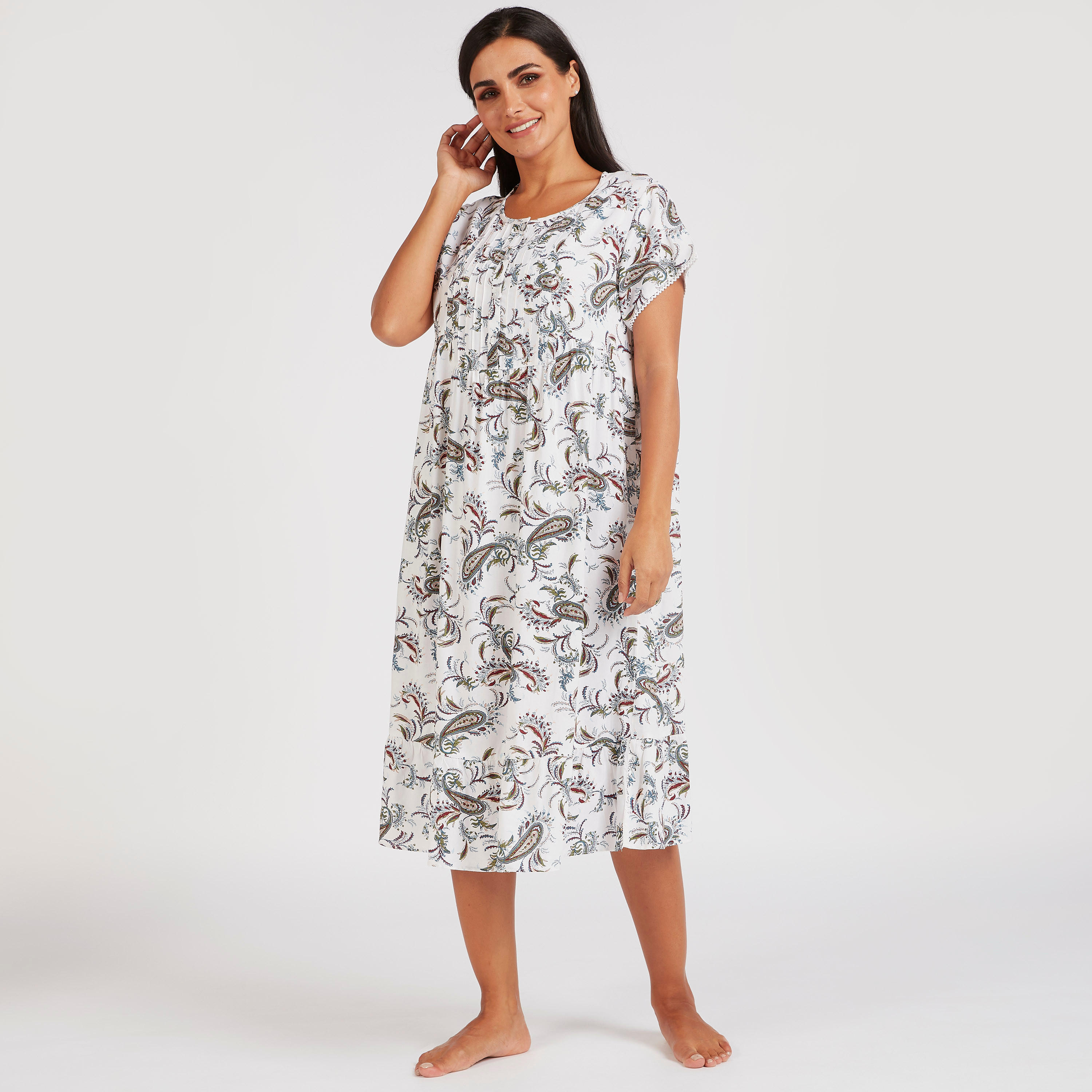 ثوب نوم بياقة مستديرة وأكمام قصيرة وطبعات بيزلي-women-clothing-nightwear-nighties-image-1