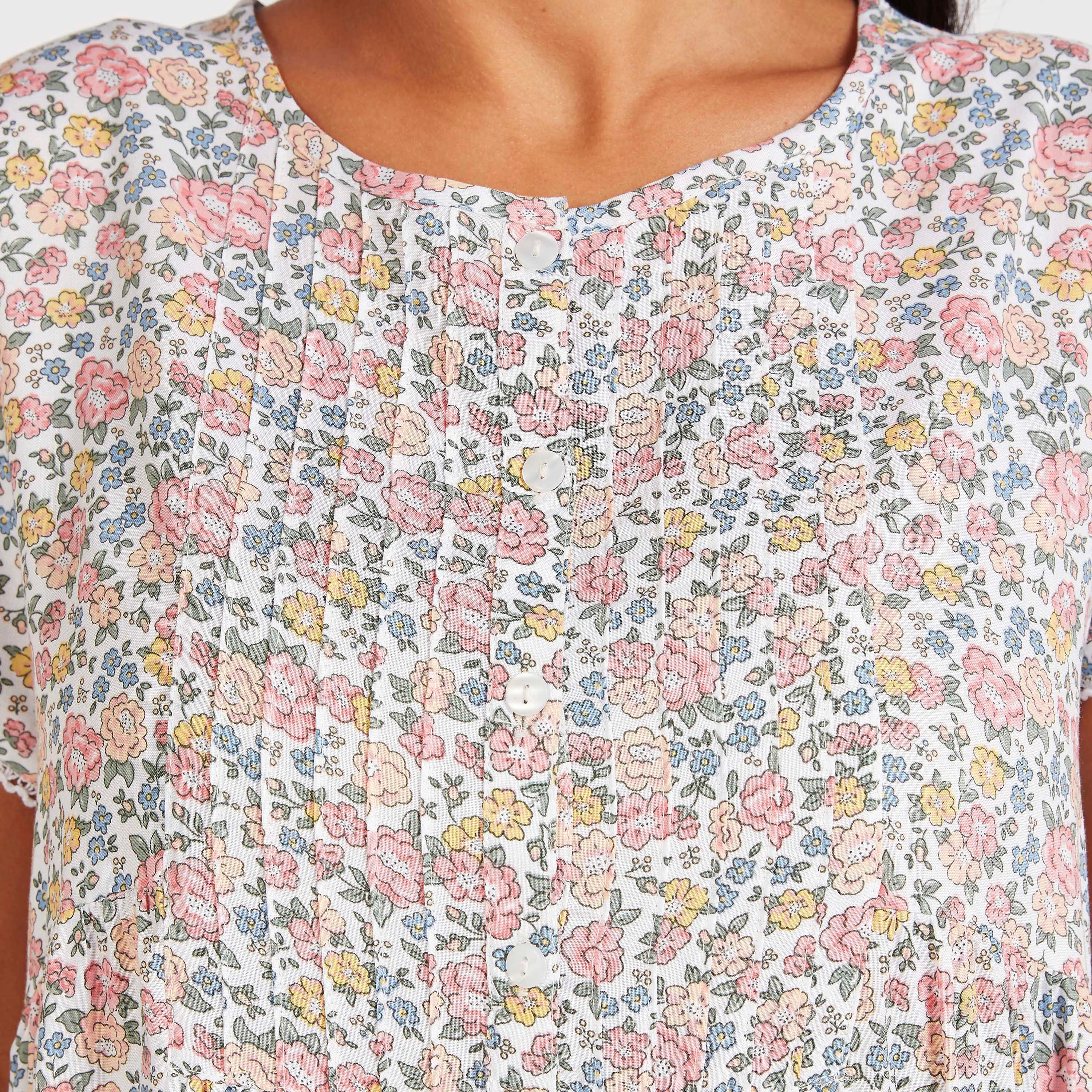 ثوب نوم ميدي بياقة مستديرة وأكمام قصيرة وطبعات زهرية-women-clothing-nightwear-nighties-image-3