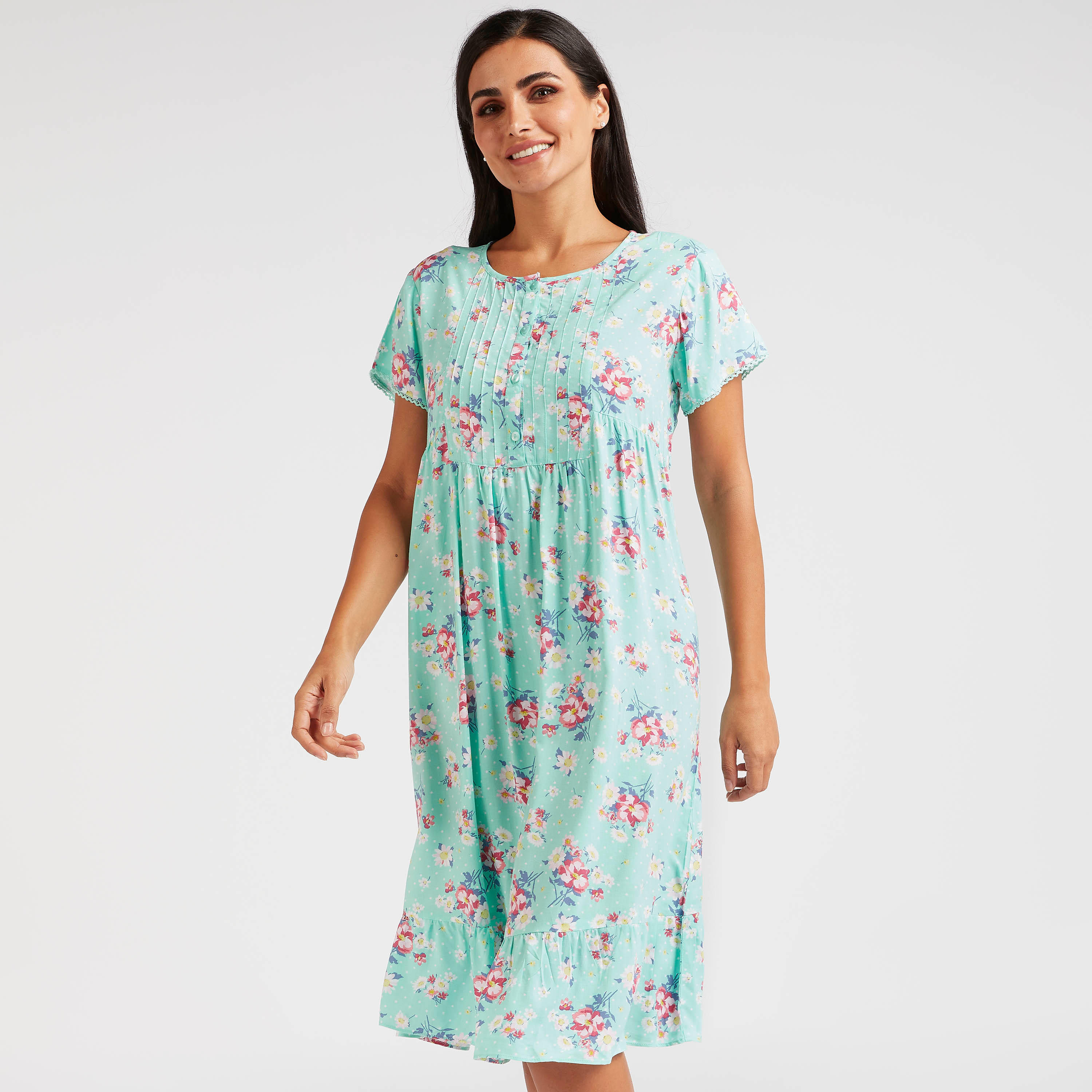فستان ميدي بياقة مستديرة وأكمام قصيرة وطبعات أزهار-women-clothing-nightwear-nighties-image-1