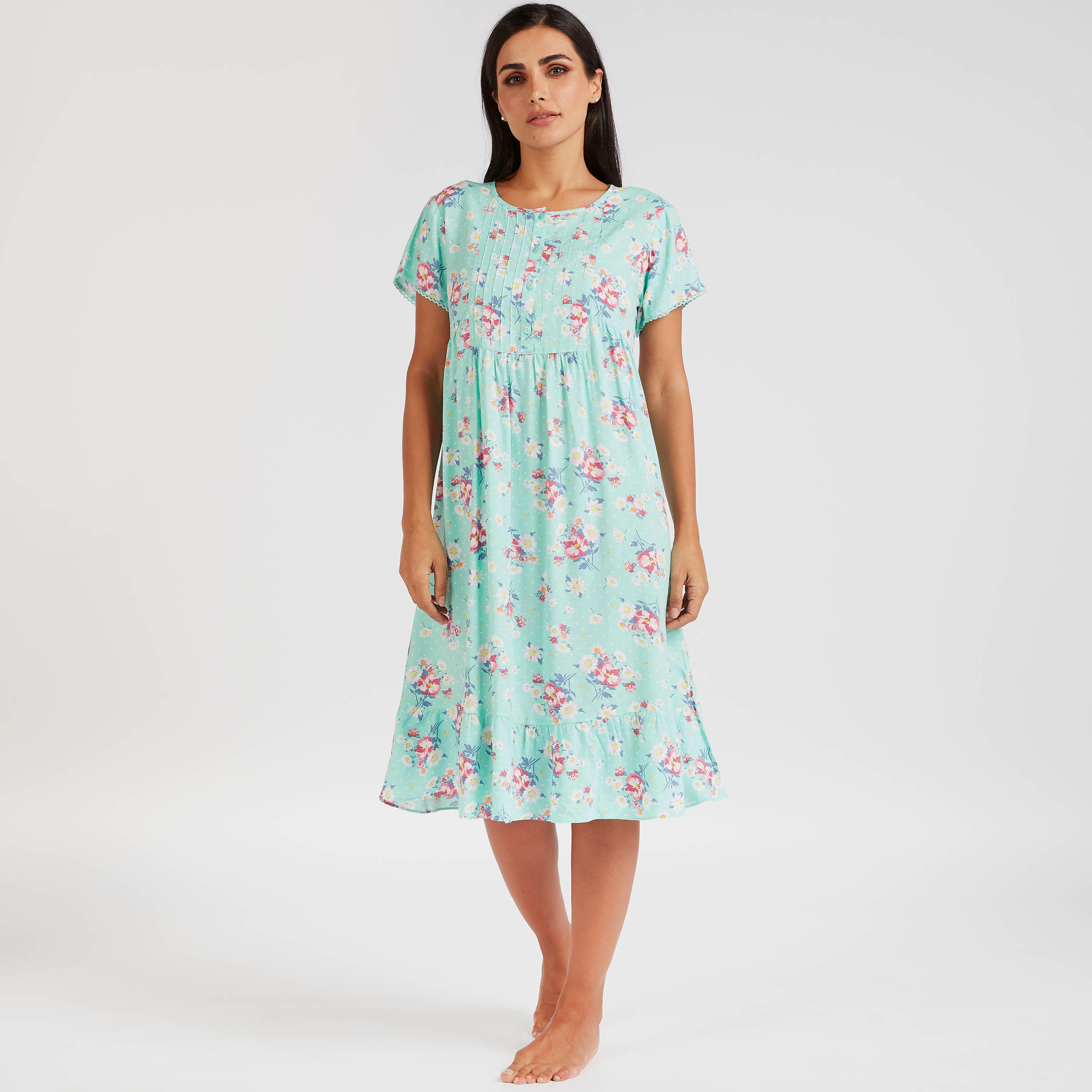 فستان ميدي بياقة مستديرة وأكمام قصيرة وطبعات أزهار-women-clothing-nightwear-nighties-image-2
