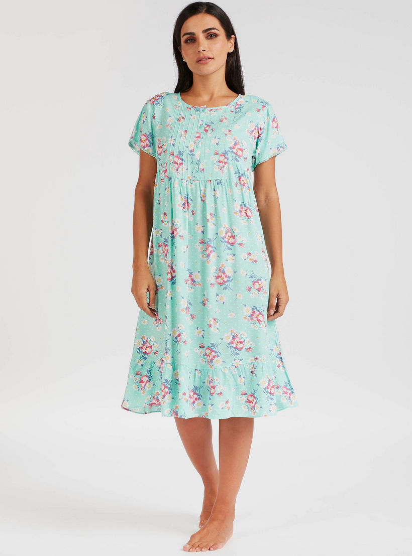فستان ميدي بياقة مستديرة وأكمام قصيرة وطبعات أزهار-women-clothing-nightwear-nighties-image-2