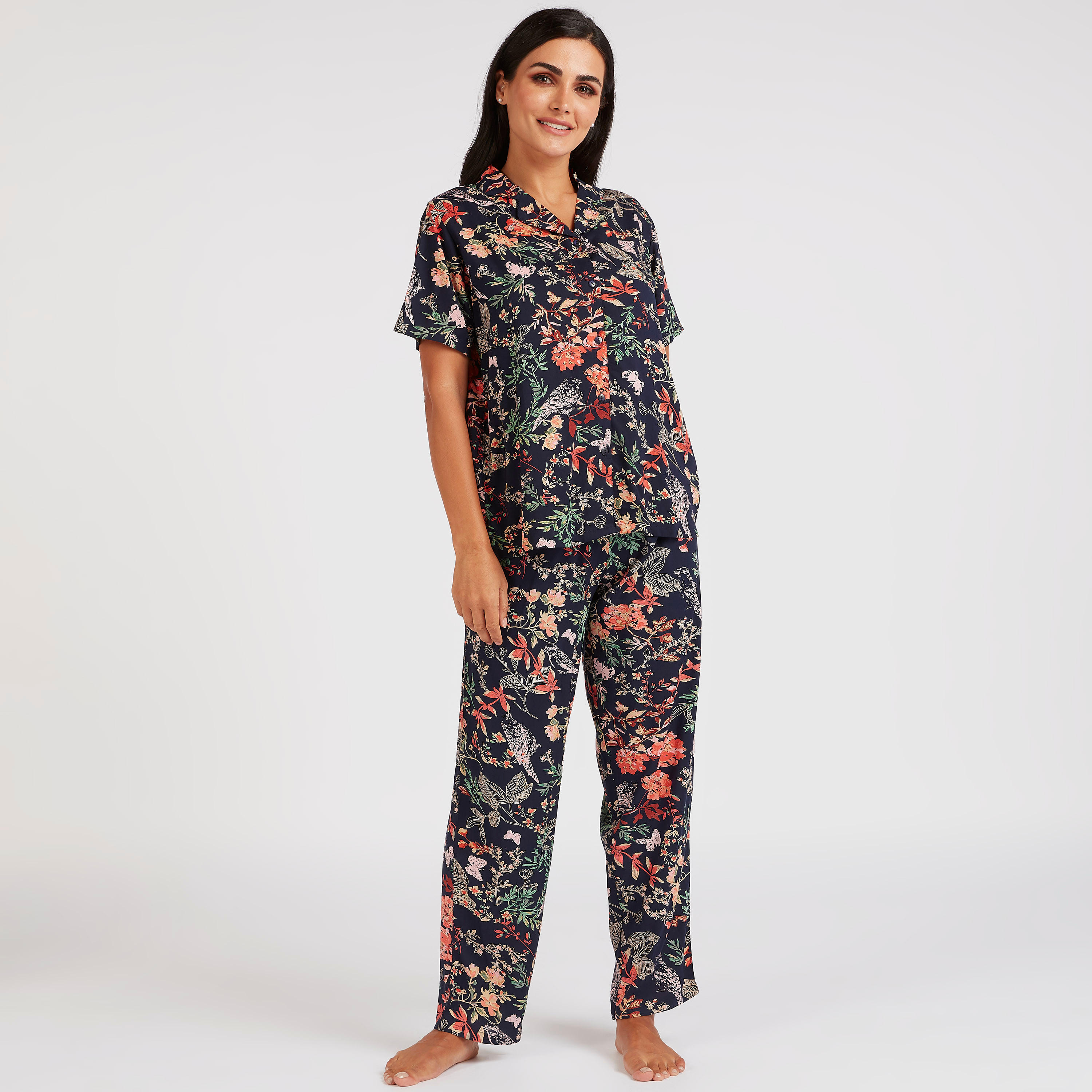 طقم بنطلون بيجاما وقميص بأكمام قصيرة وطبعات أزهار-women-clothing-nightwear-pyjamas-longsets-image-1
