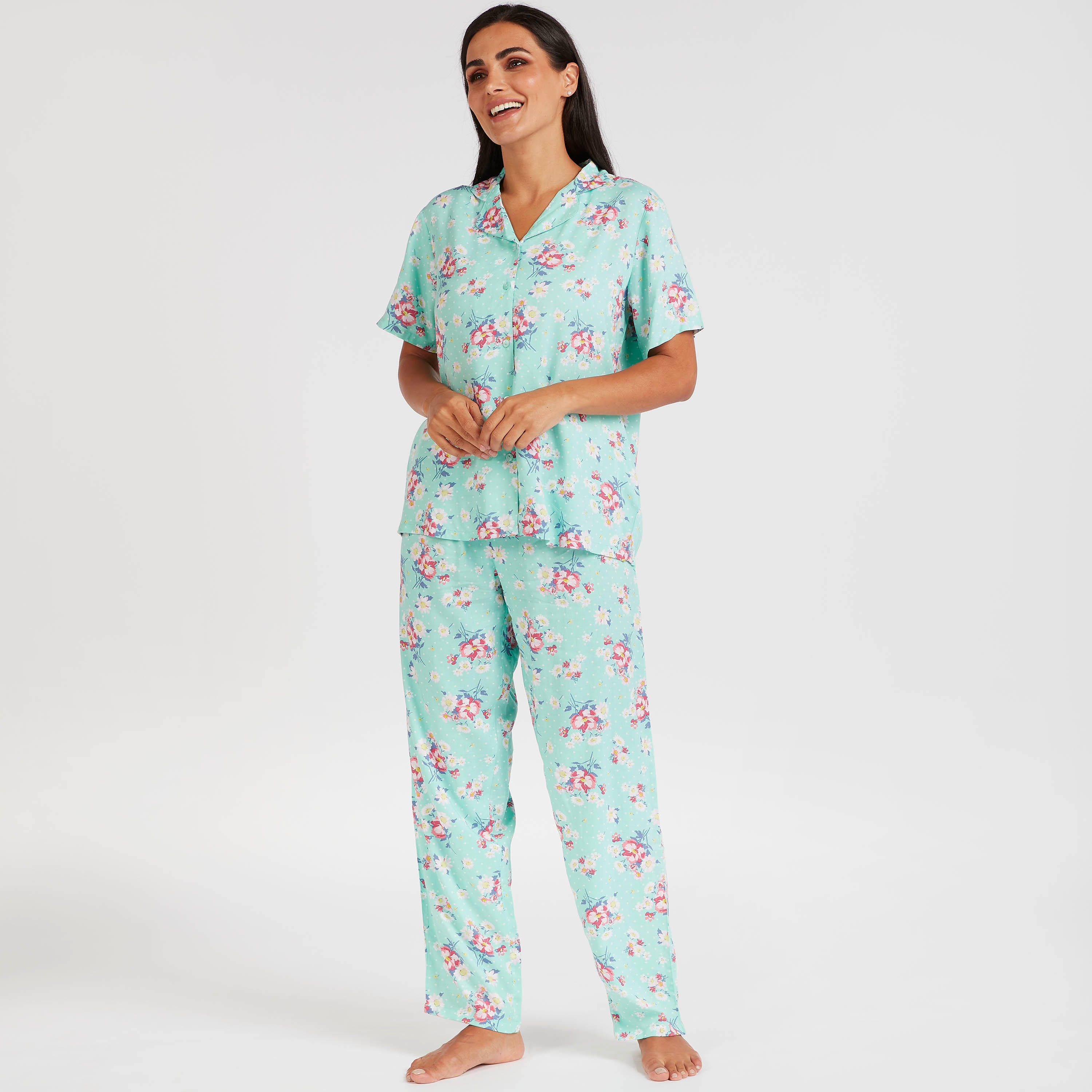 طقم بنطلون بيجاما وقميص بأكمام قصيرة وطبعات أزهار-women-clothing-nightwear-pyjamas-longsets-image-1