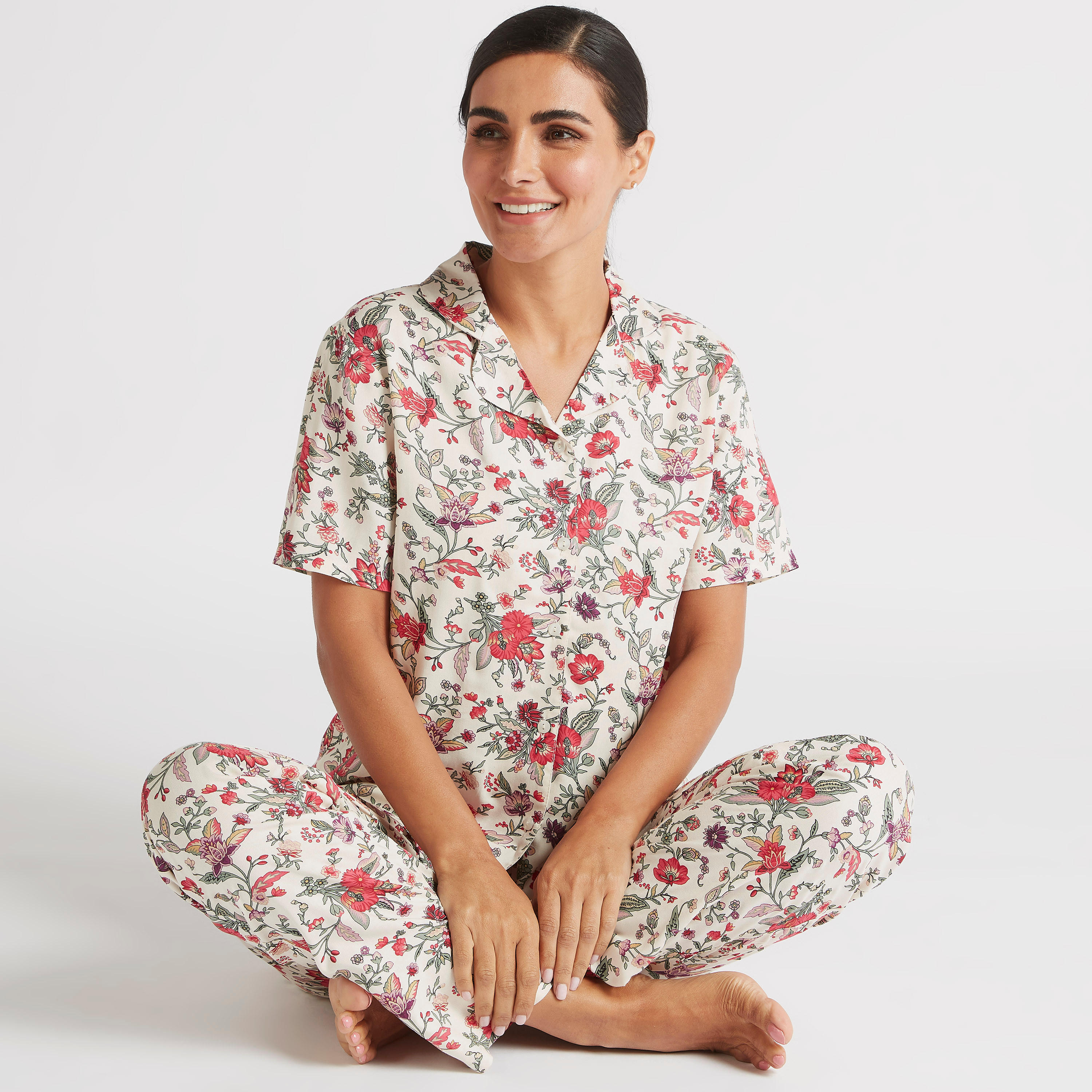 طقم بنطلون بيجاما وقميص بأكمام قصيرة وطبعات أزهار-women-clothing-nightwear-pyjamas-longsets-image-1