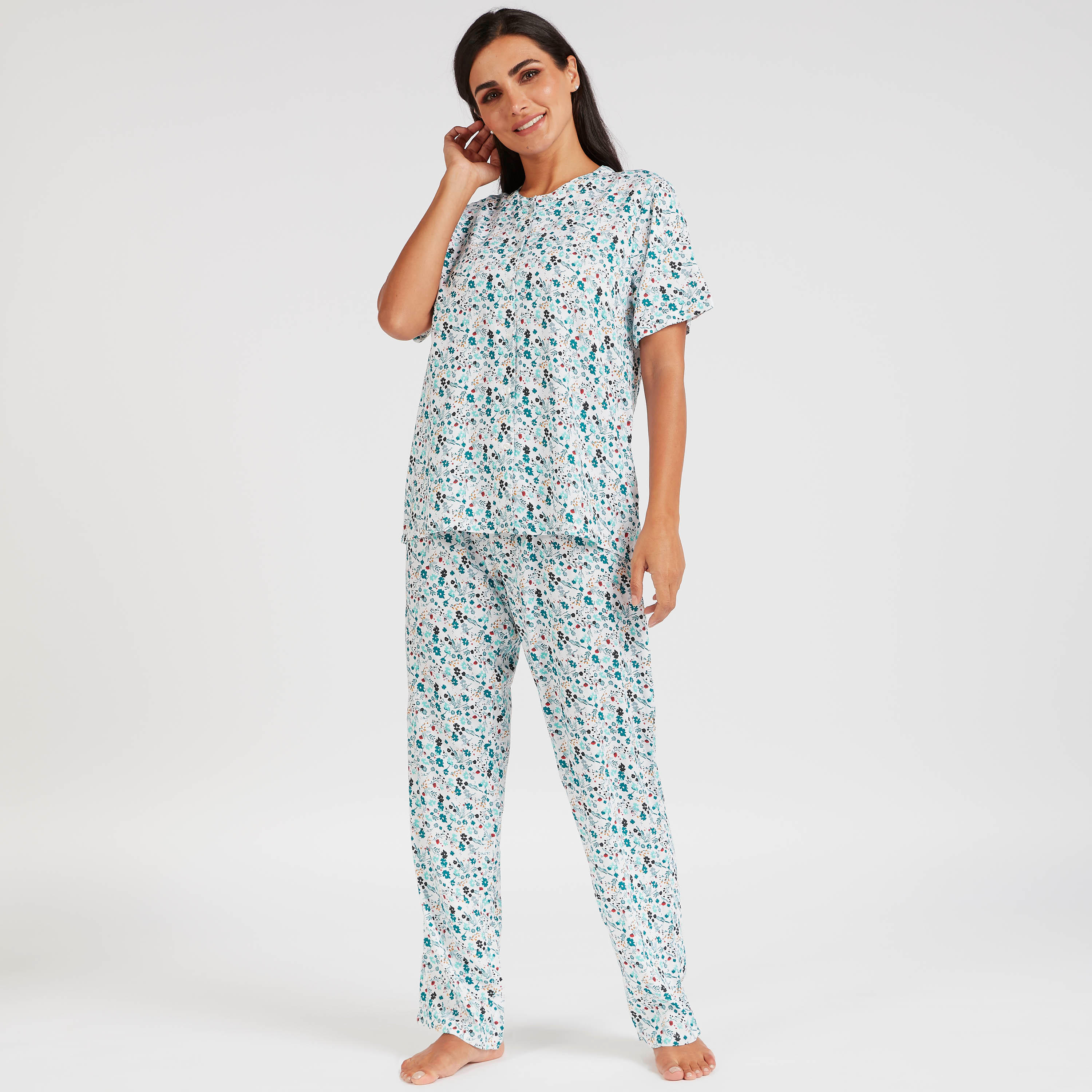 طقم بنطلون بيجاما وقميص بياقة مستديرة وطبعات زهرية-women-clothing-nightwear-pyjamas-longsets-image-1