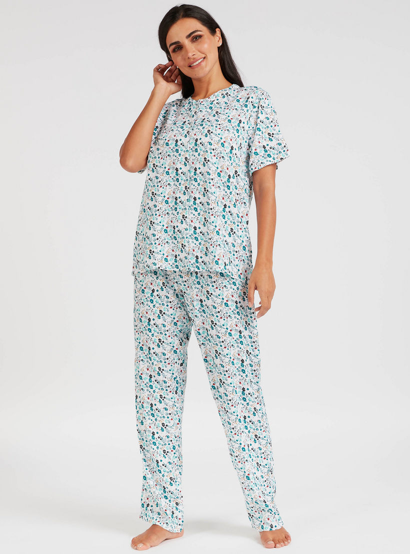 طقم بنطلون بيجاما وقميص بياقة مستديرة وطبعات زهرية-women-clothing-nightwear-pyjamas-longsets-image-1