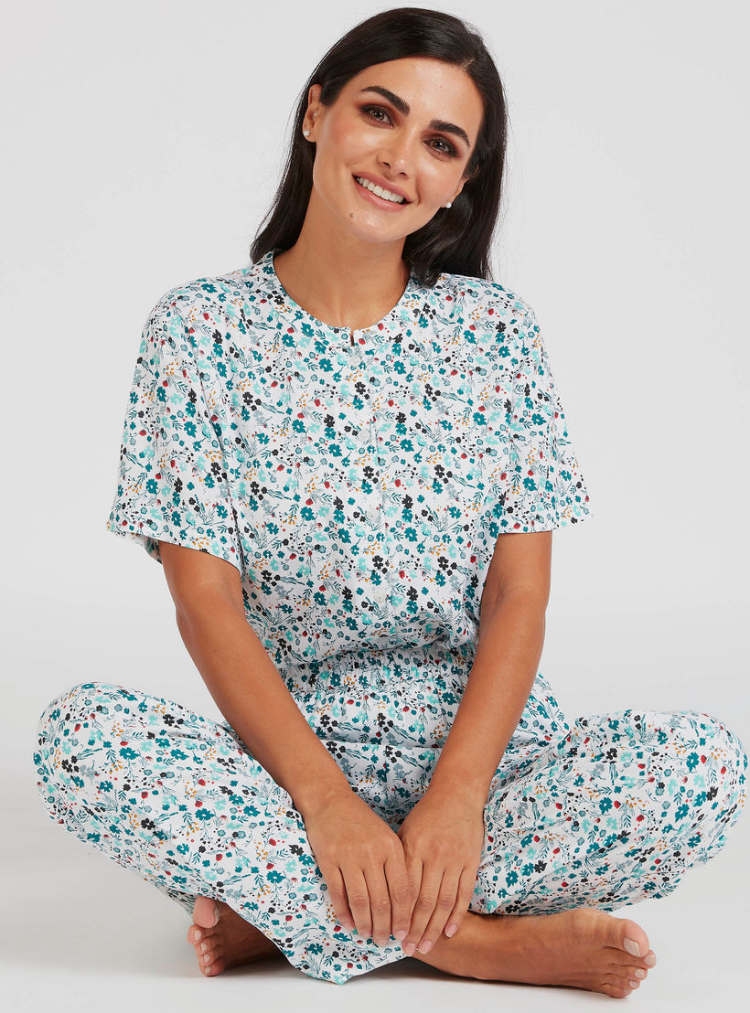 طقم بنطلون بيجاما وقميص بياقة مستديرة وطبعات زهرية-women-clothing-nightwear-pyjamas-longsets-image-2