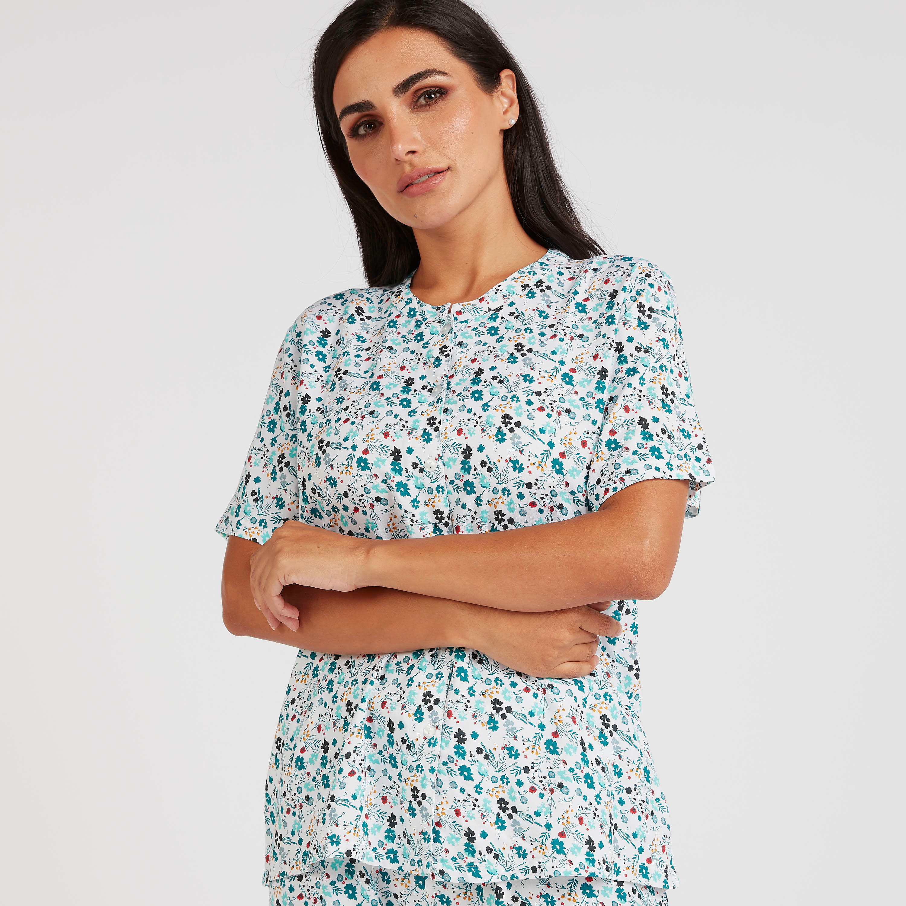 طقم بنطلون بيجاما وقميص بياقة مستديرة وطبعات زهرية-women-clothing-nightwear-pyjamas-longsets-image-3